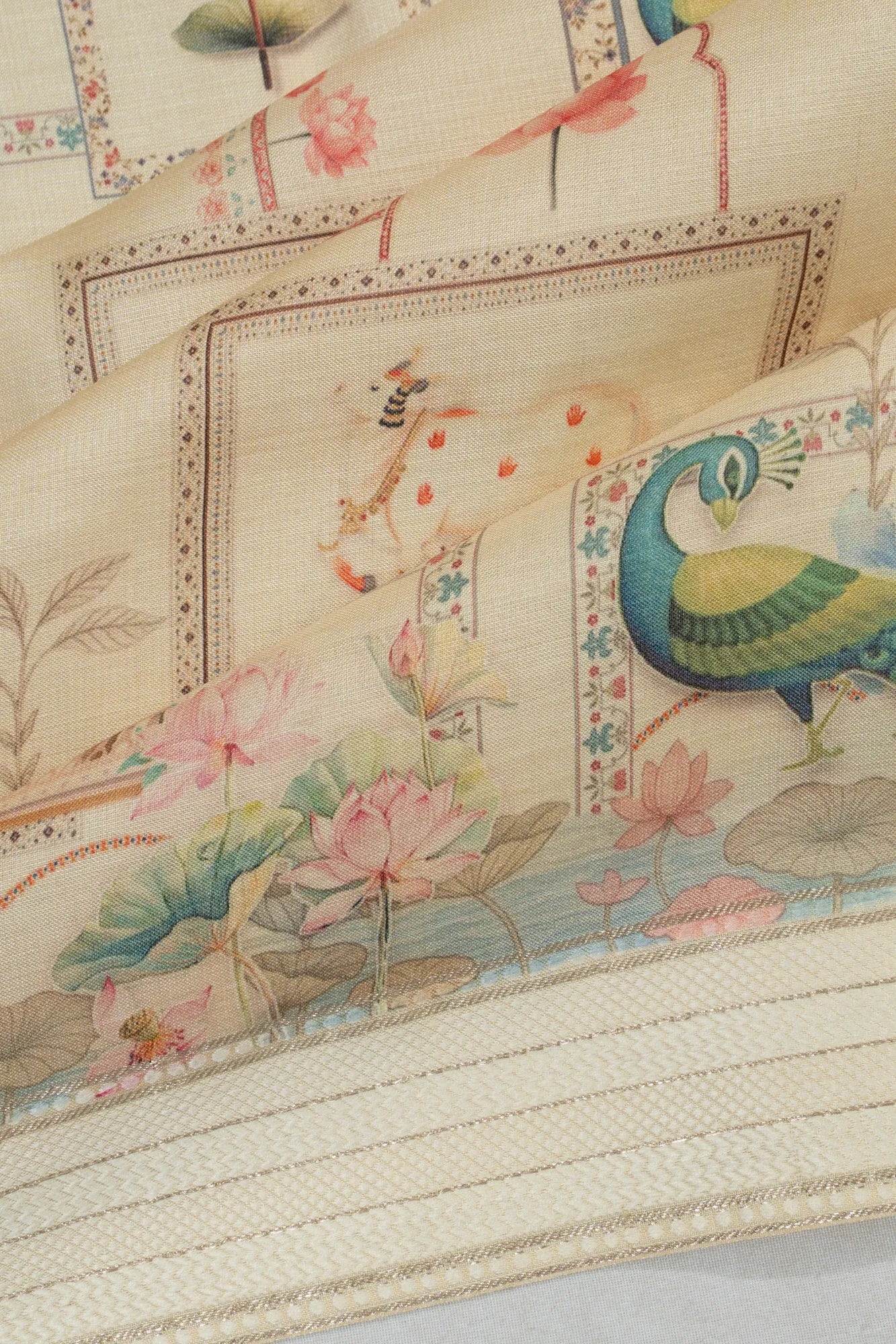 Tussar Pichwai Printed White Saree