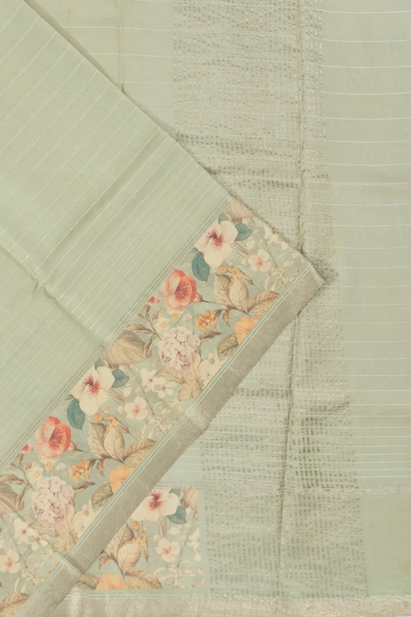 Tussar Horizontal Lines Pastel Green Saree With Prints