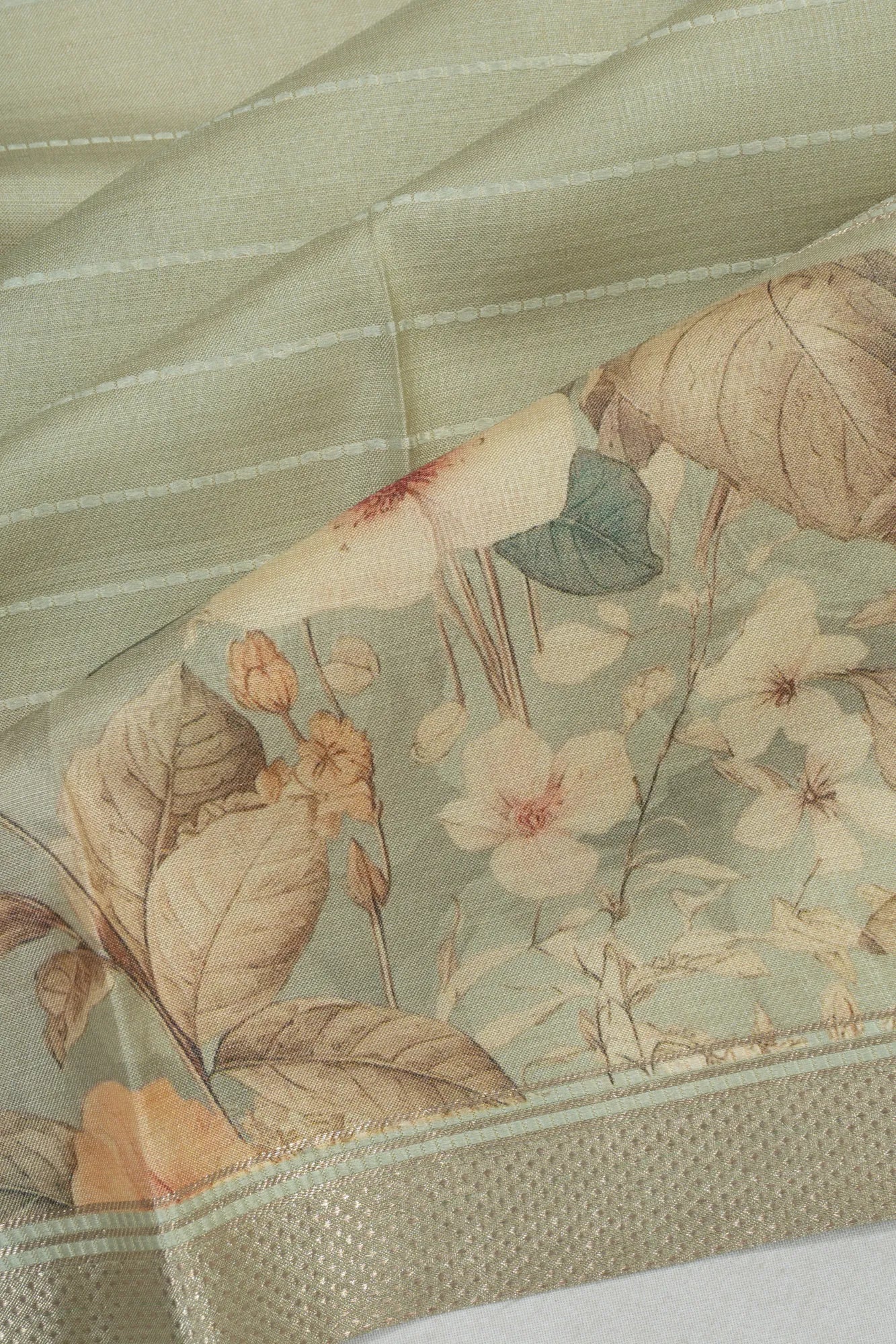 Tussar Horizontal Lines Pastel Green Saree With Prints