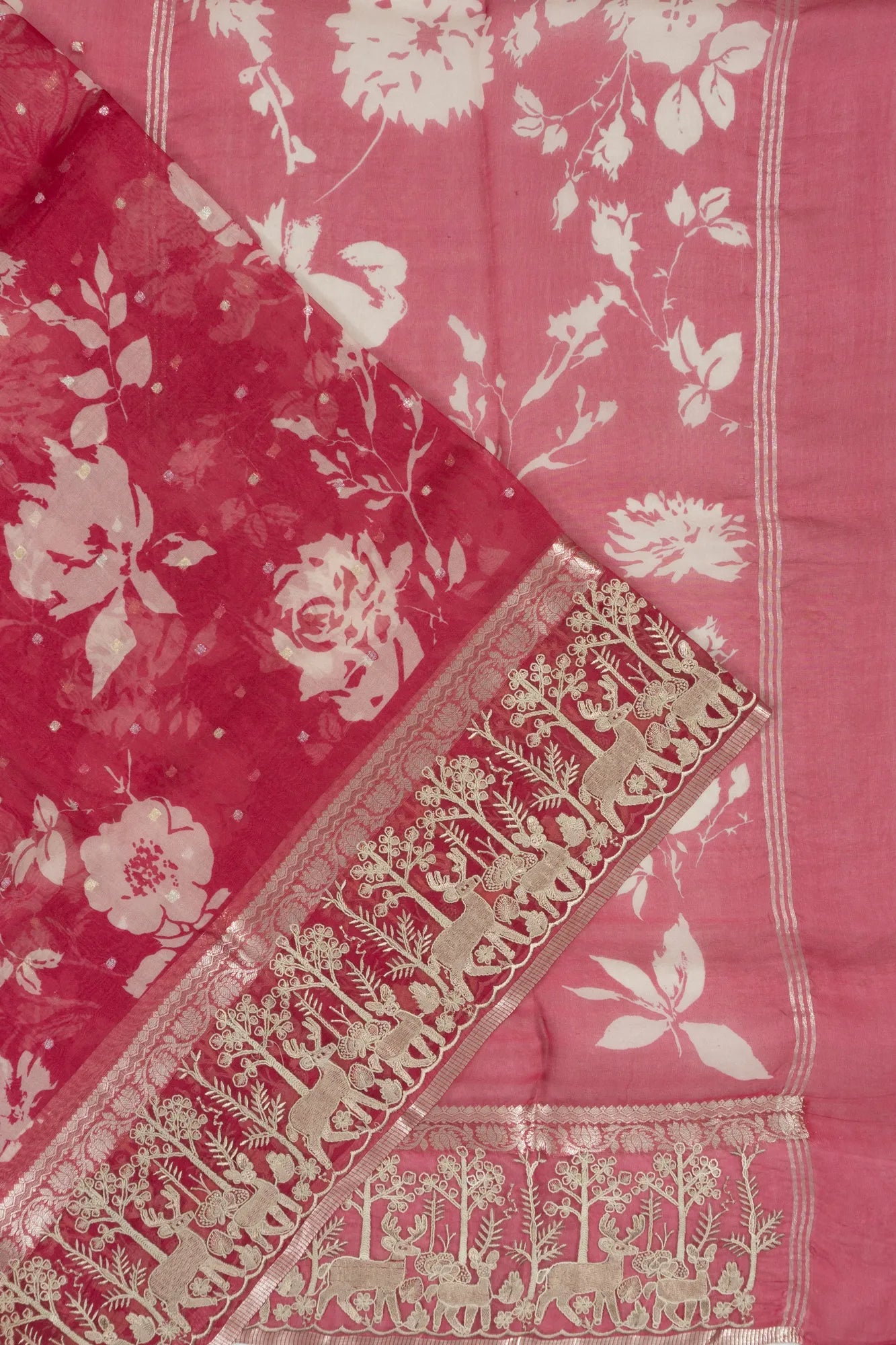 Organza Floral Printed And Embroidery Pink Saree