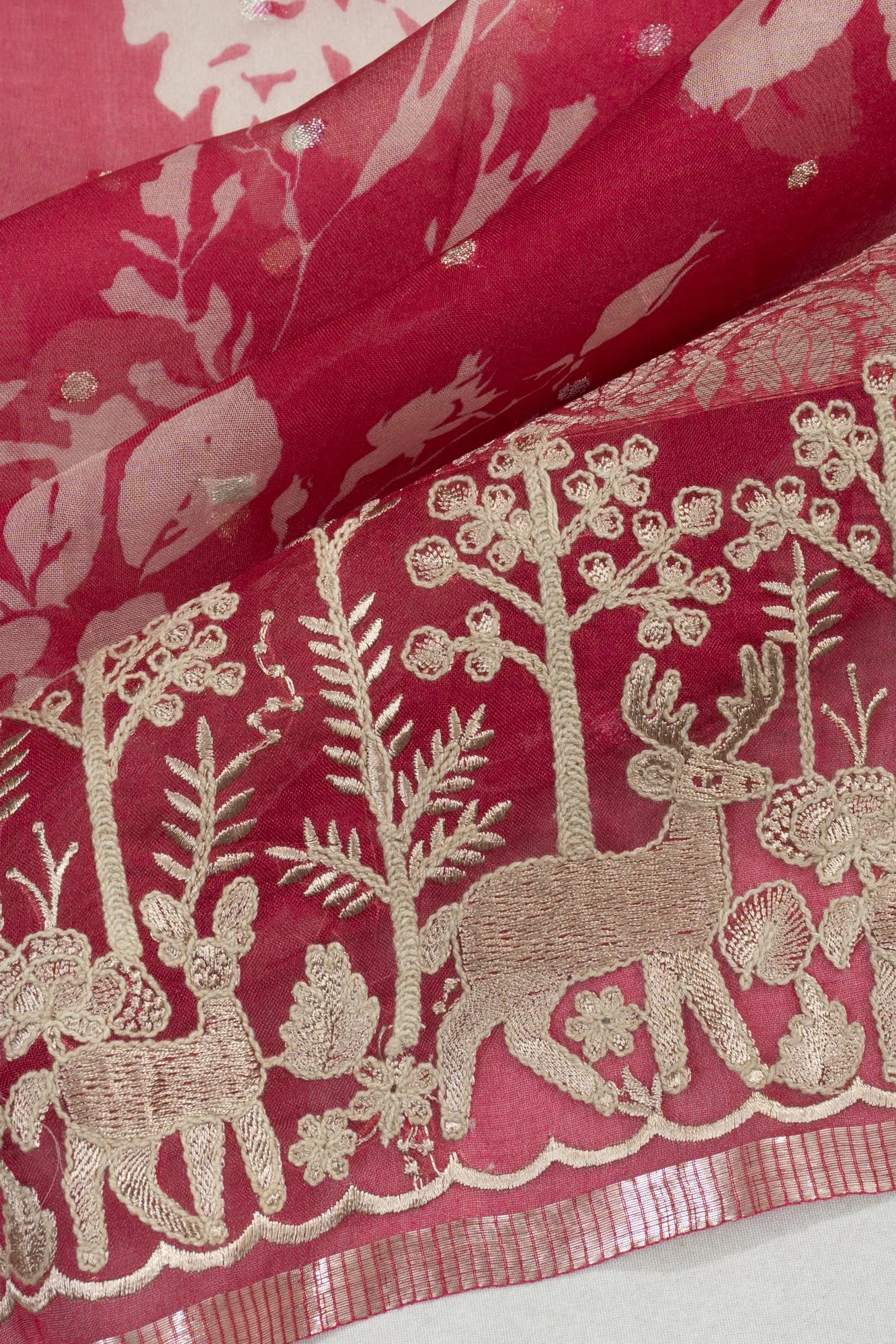 Organza Floral Printed And Embroidery Pink Saree