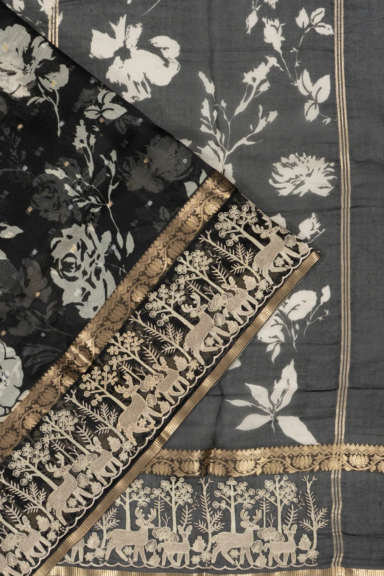 Organza Floral Printed And Embroidery Black Saree