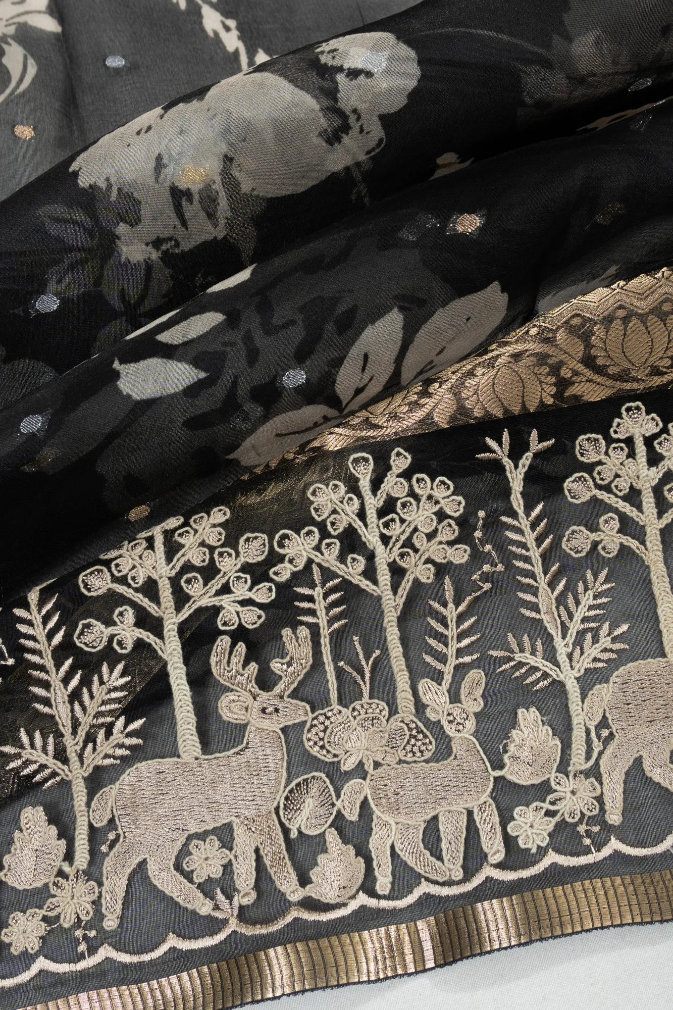 Organza Floral Printed And Embroidery Black Saree