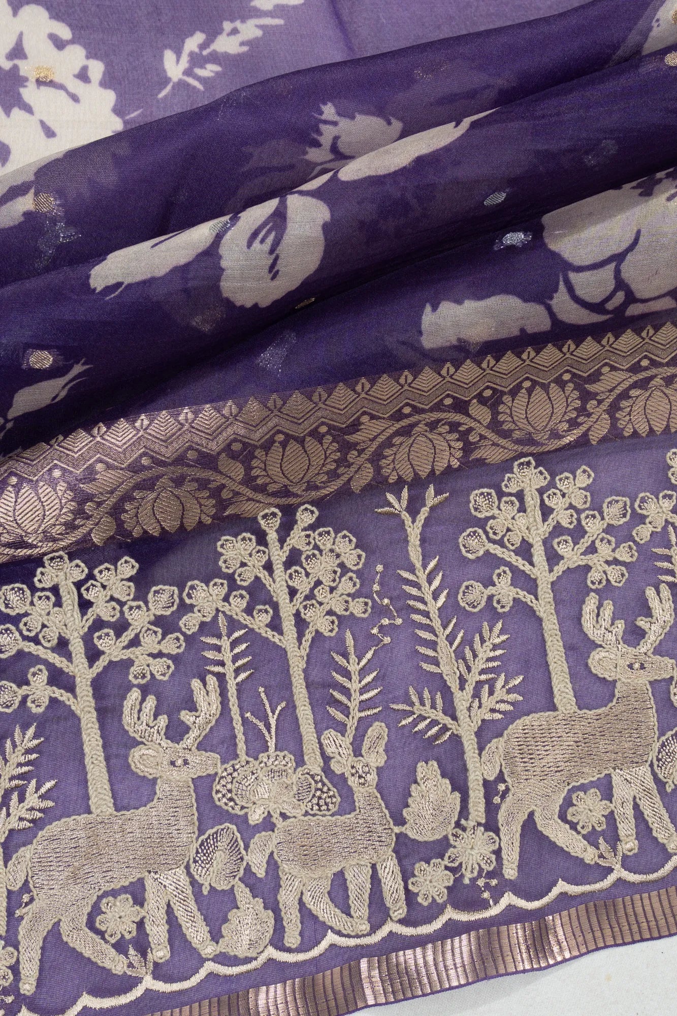 Organza Floral Printed And Embroidery Violet Saree