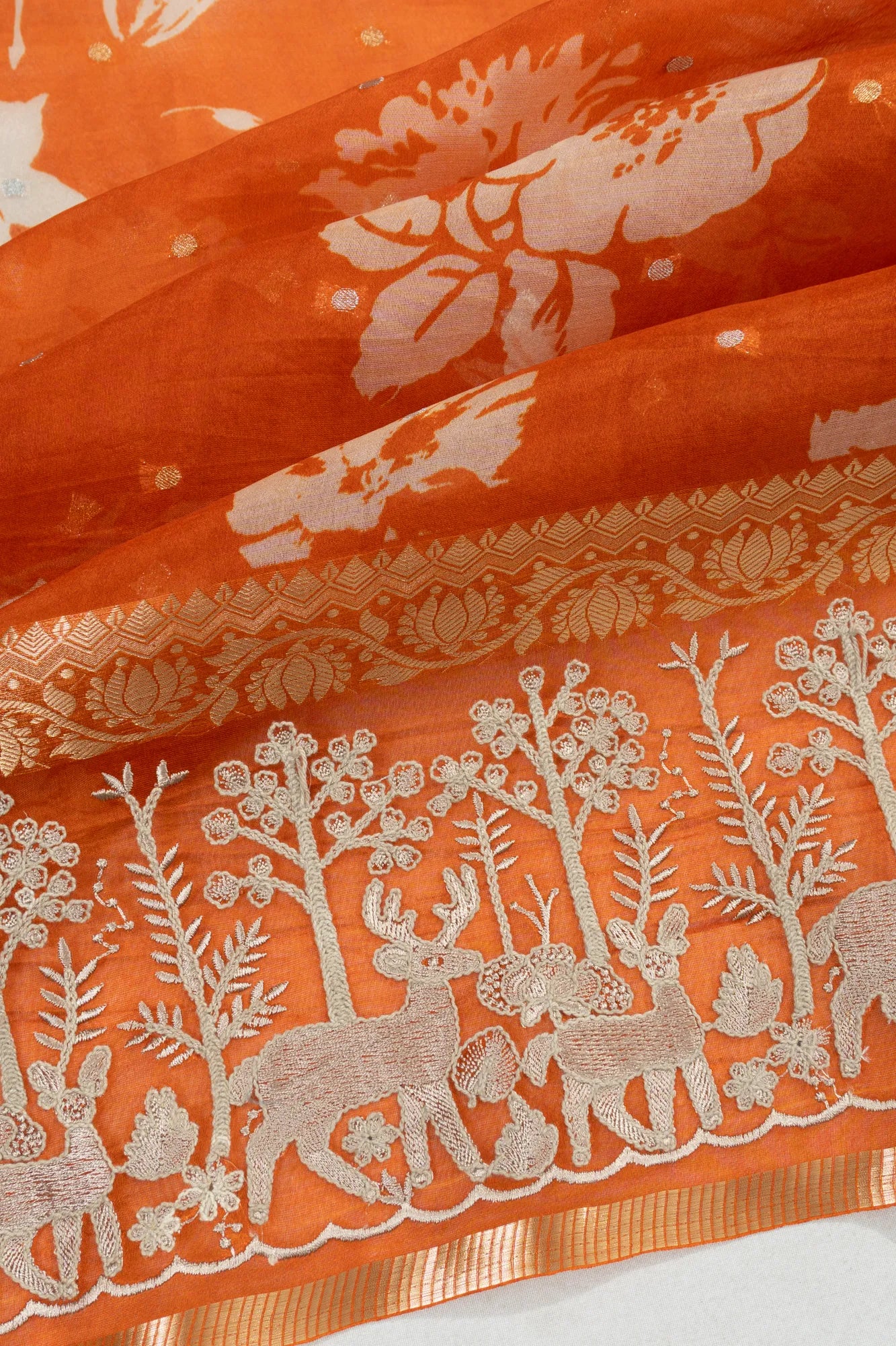 Organza Floral Printed And Embroidery Mustard Yellow Saree