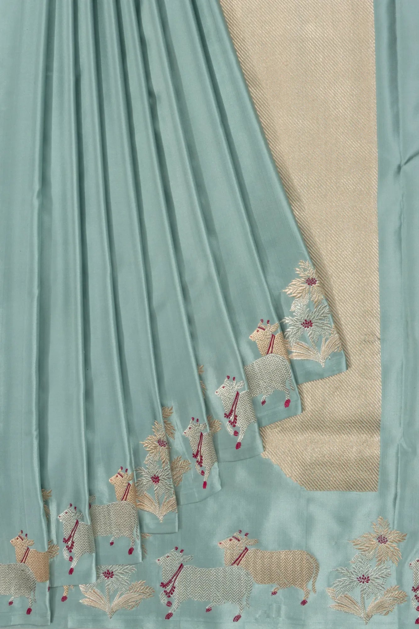 Banarasi Silk Plain Pastel Blue Saree With Pichwai Border