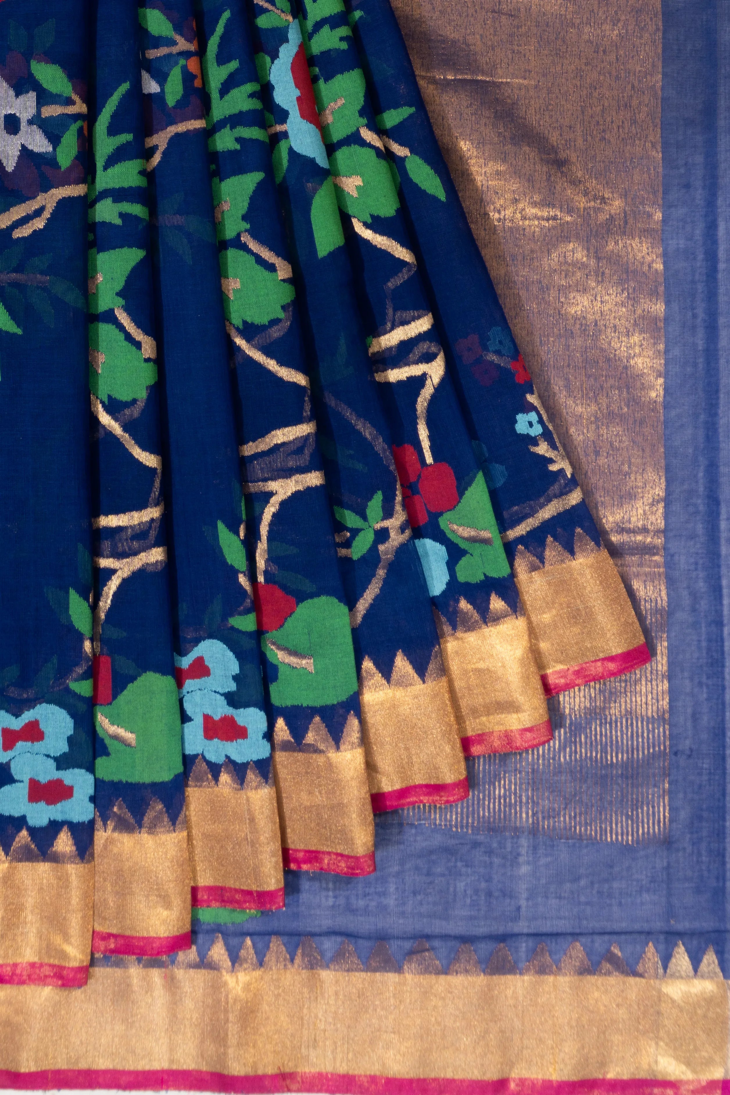 Ponduru Handspun Cotton Jamdani Jaal Dark Blue Saree