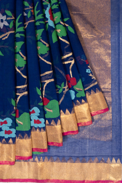 Ponduru Handspun Cotton Jamdani Jaal Dark Blue Saree