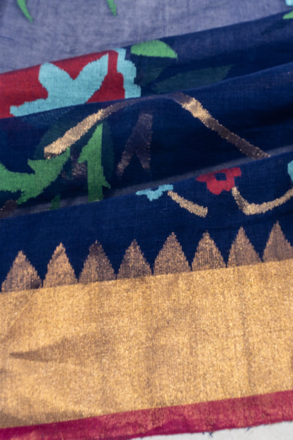 Ponduru Handspun Cotton Jamdani Jaal Dark Blue Saree