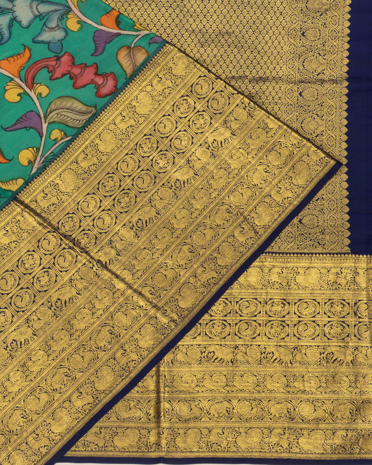 Kanchipuram Silk Kalamkari Hand Painted Green Saree With Big Border