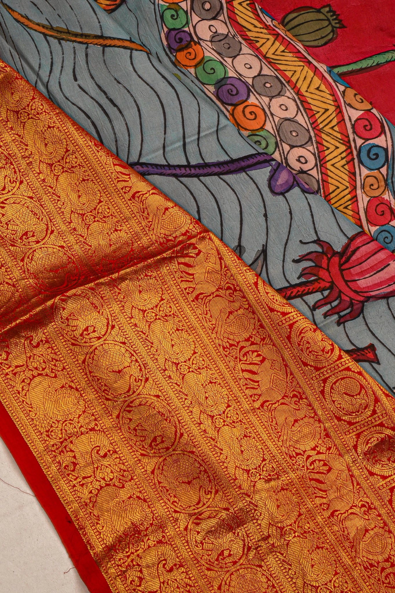 Kanchipuram Silk Kalamkari Hand Painted Red And Blue Saree