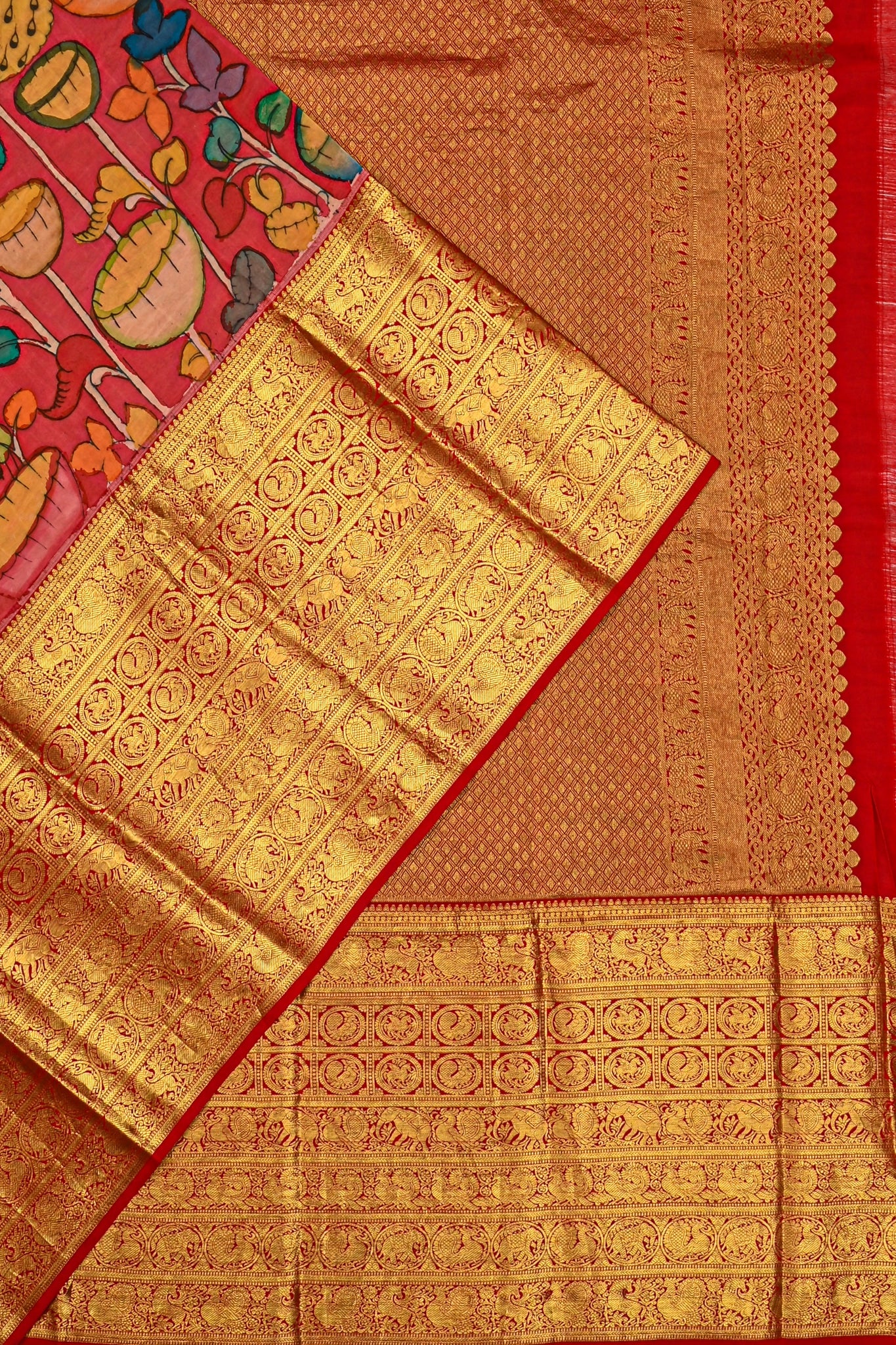 Kanchipuram Silk Kalamkari Hand Painted Red Saree