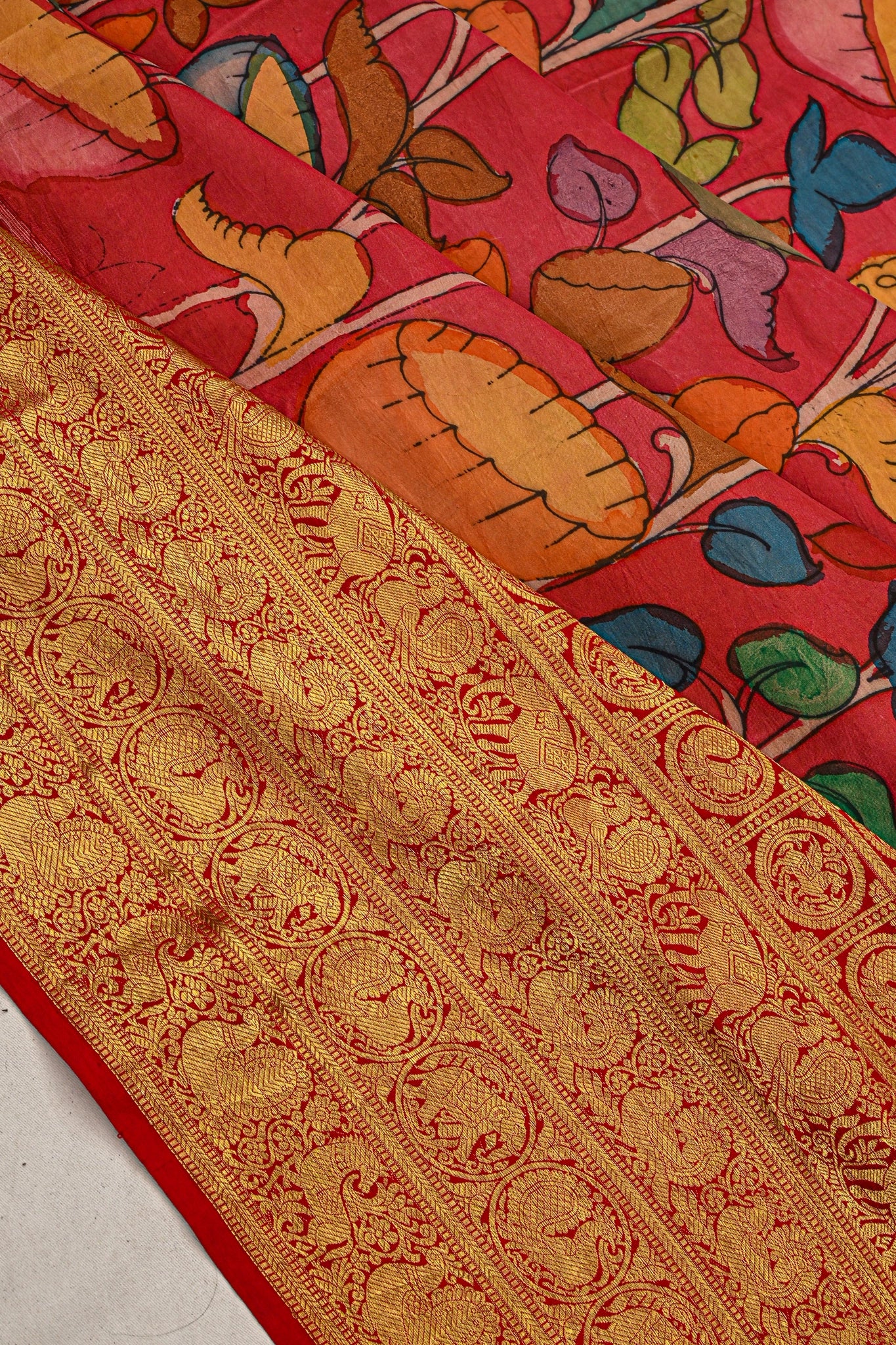 Kanchipuram Silk Kalamkari Hand Painted Red Saree
