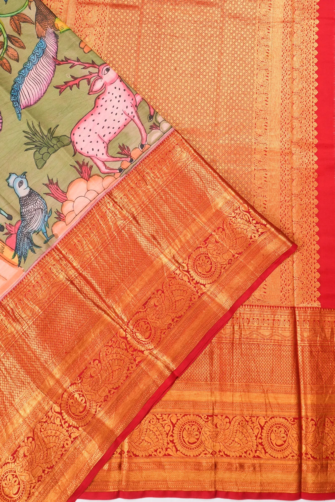 Kanchipuram Silk Kalamkari Hand Painted Green Saree