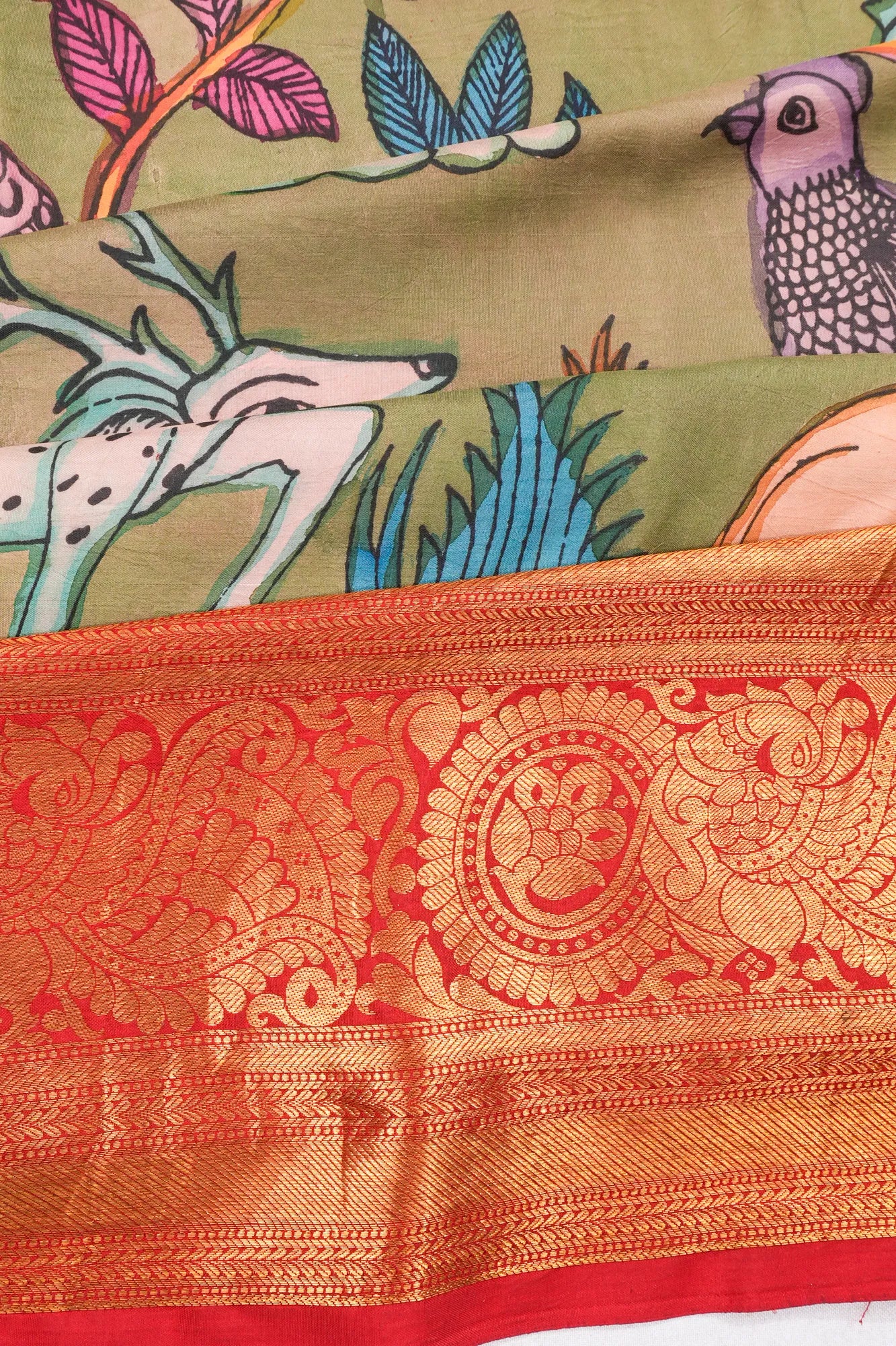 Kanchipuram Silk Kalamkari Hand Painted Green Saree
