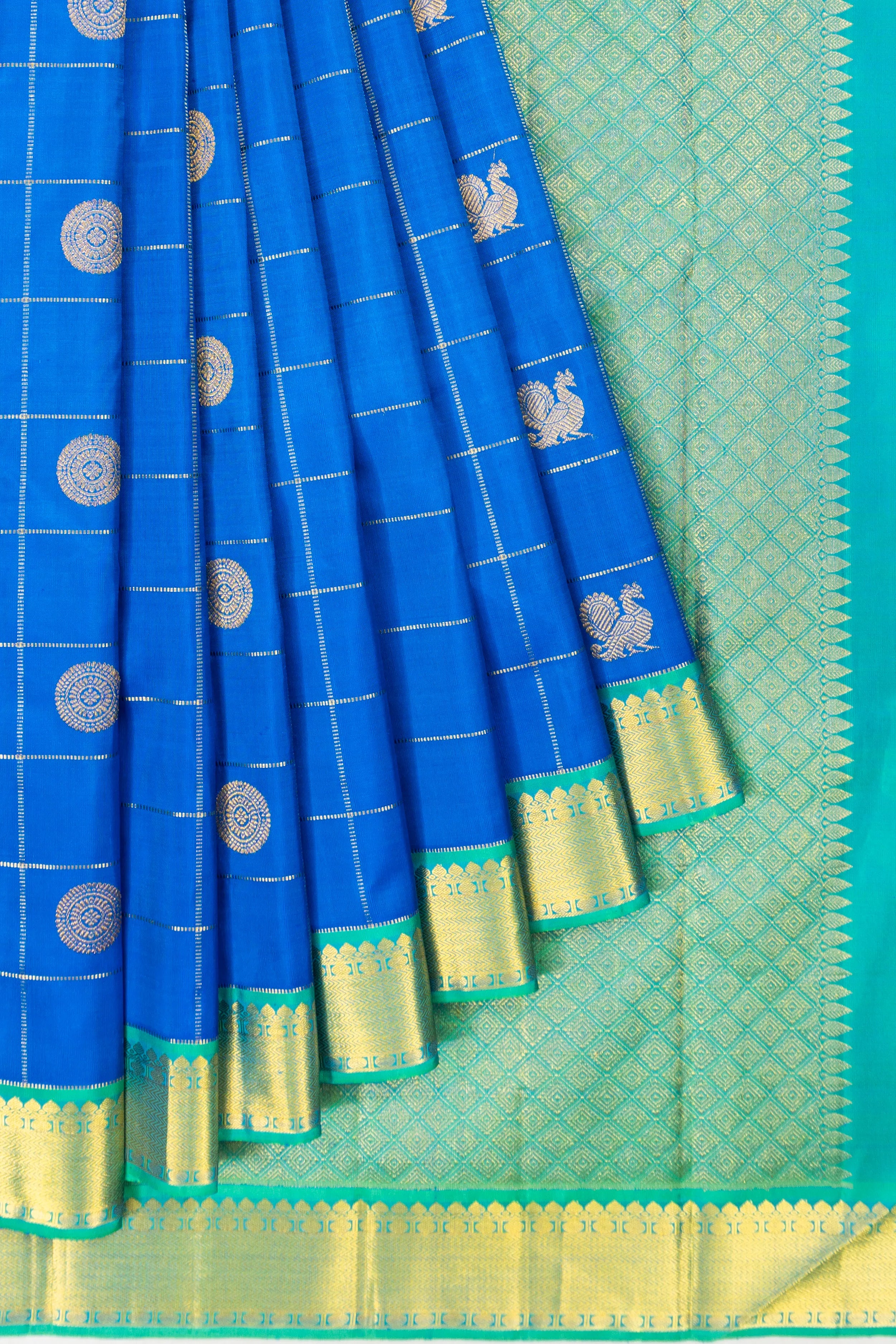 Classic Kanchipuram Silk Checks And Butta Blue Saree