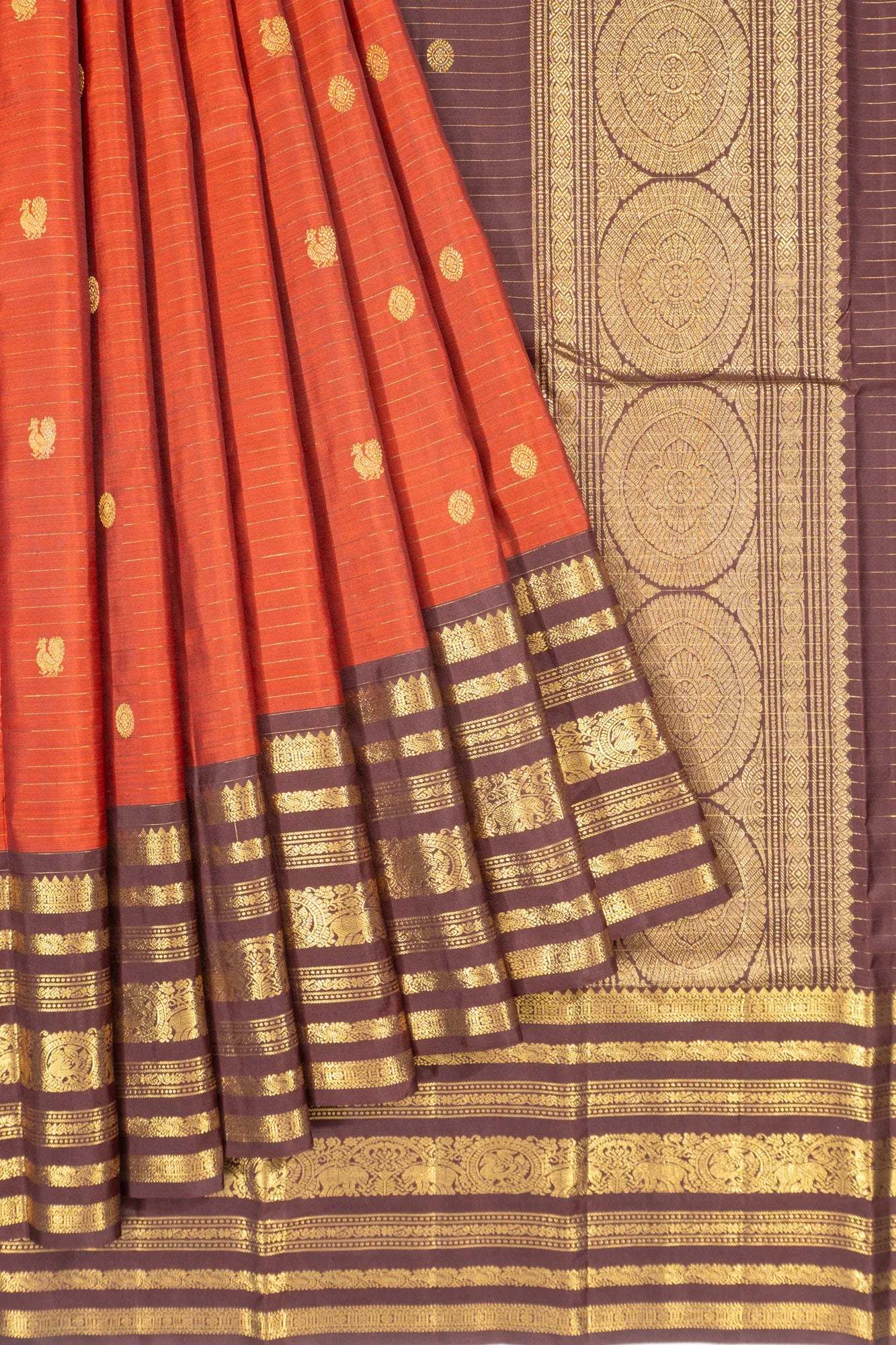 Kanchipuram Silk Horizontal Lines Rust Orange Saree
