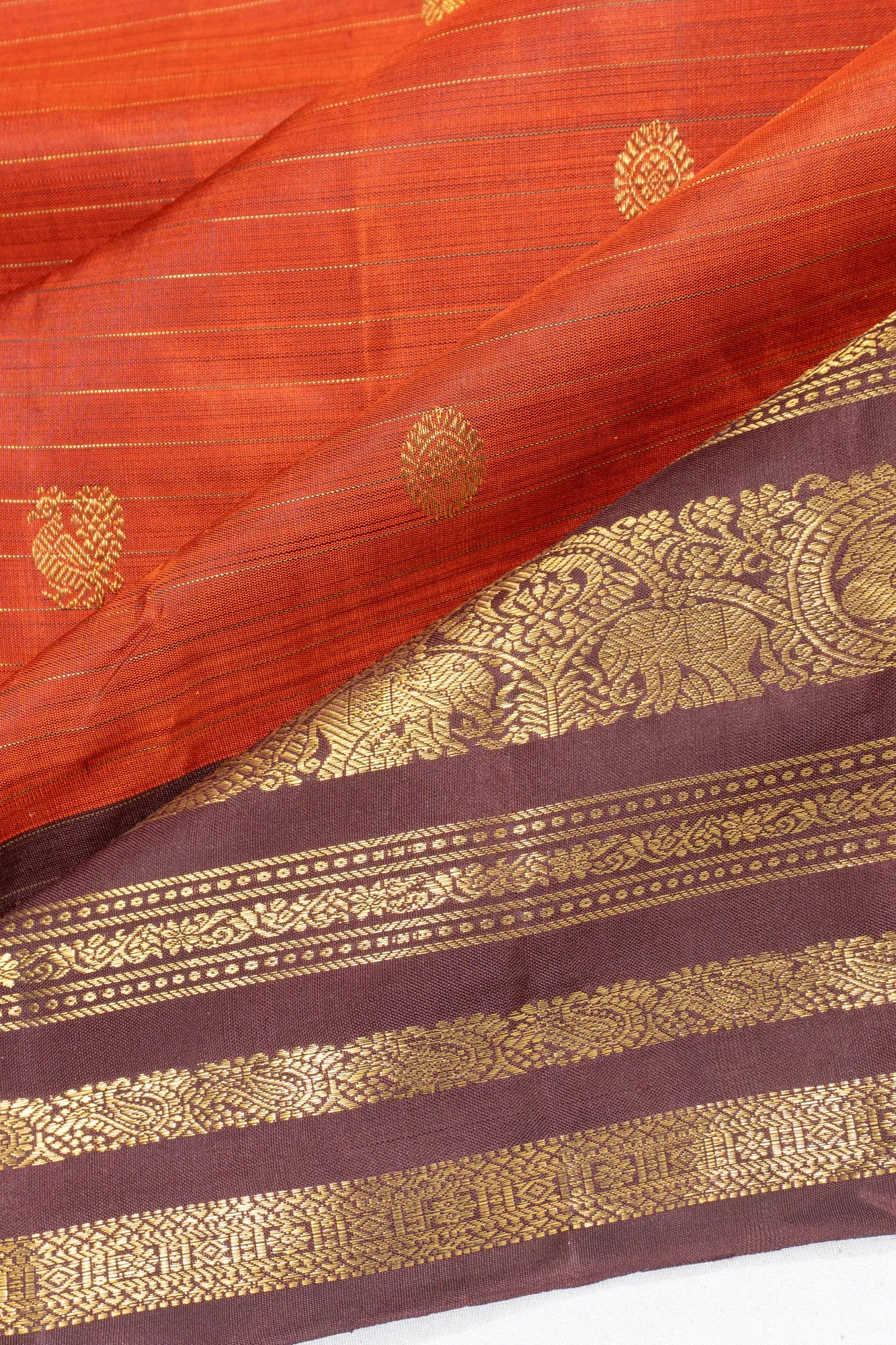 Kanchipuram Silk Horizontal Lines Rust Orange Saree