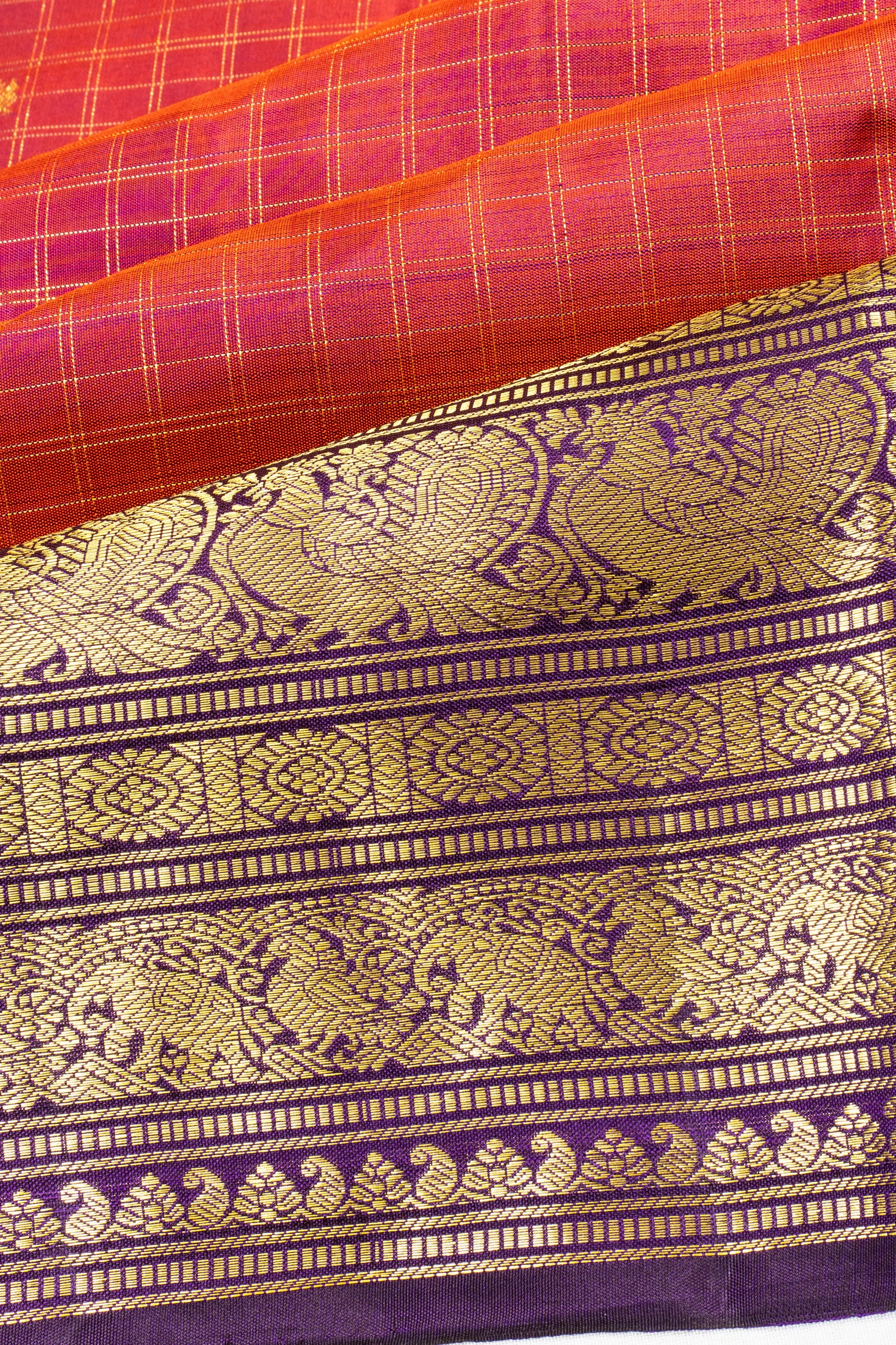 Classic Kanchipuram Silk Checks And Butta Reddish Pink Saree