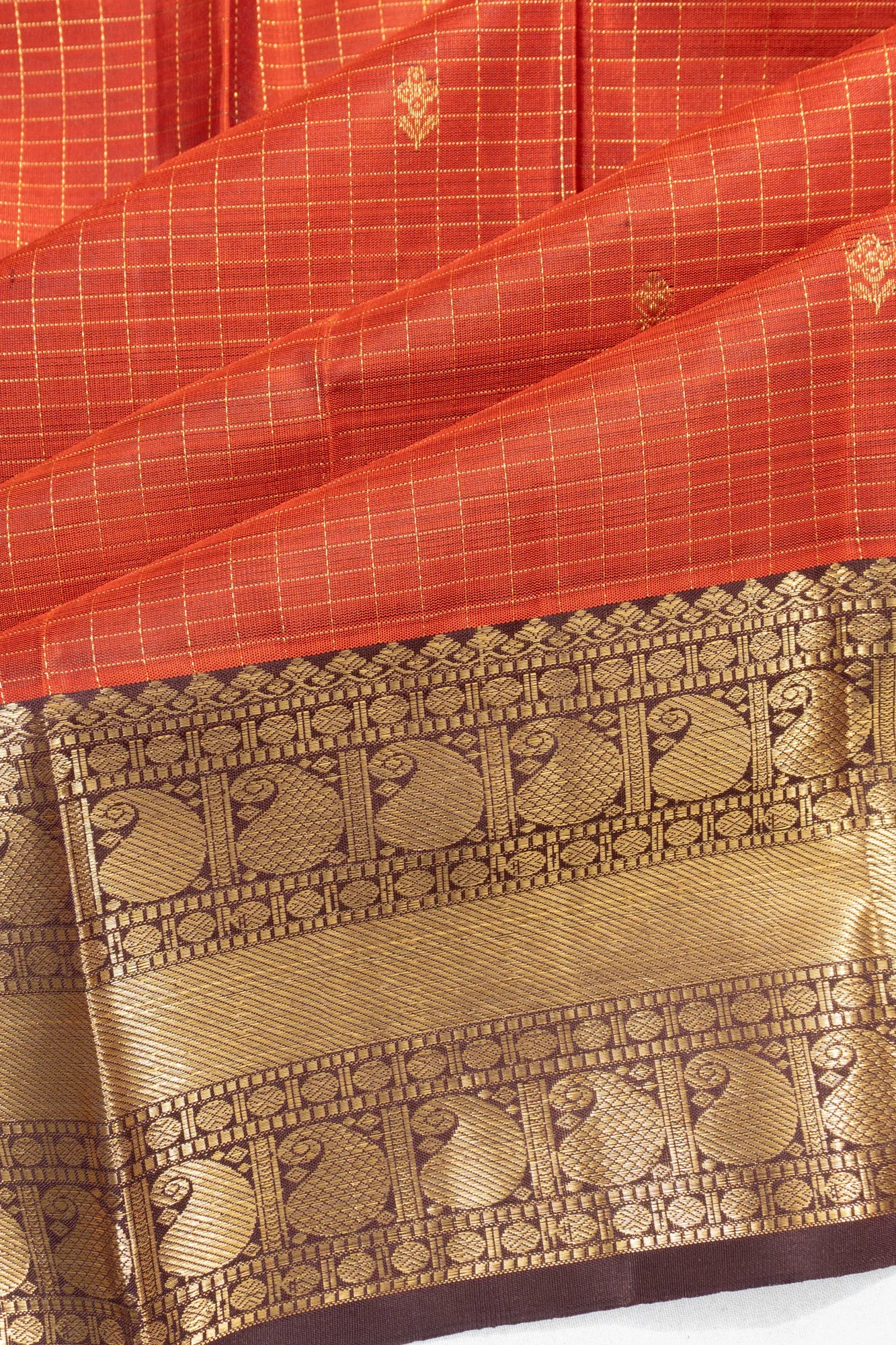 Kanchipuram Silk Checks And Butta Rust Orange Saree