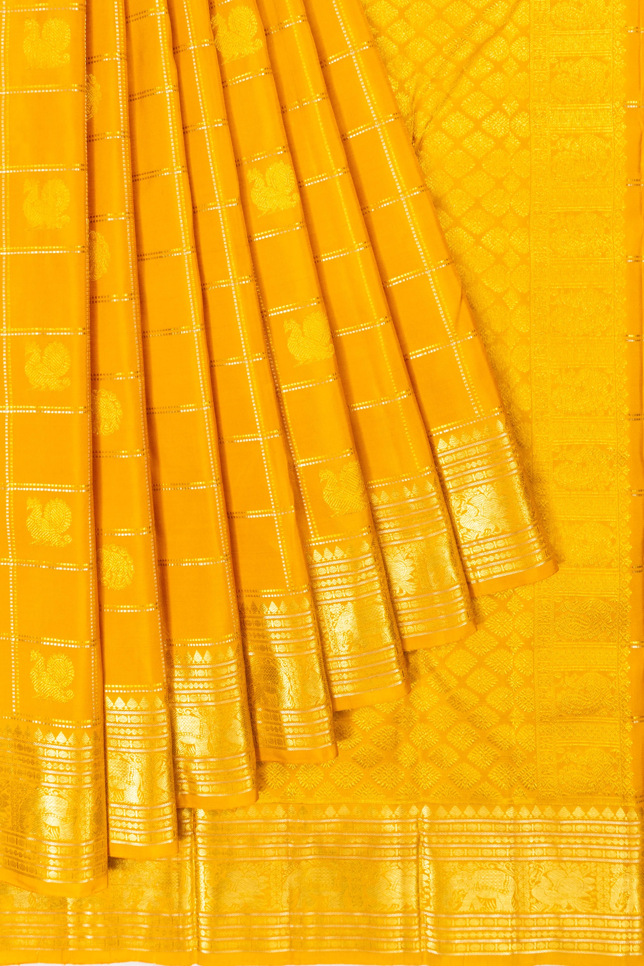 Classic Kanchipuram Silk Checks And Butta Yellow Saree