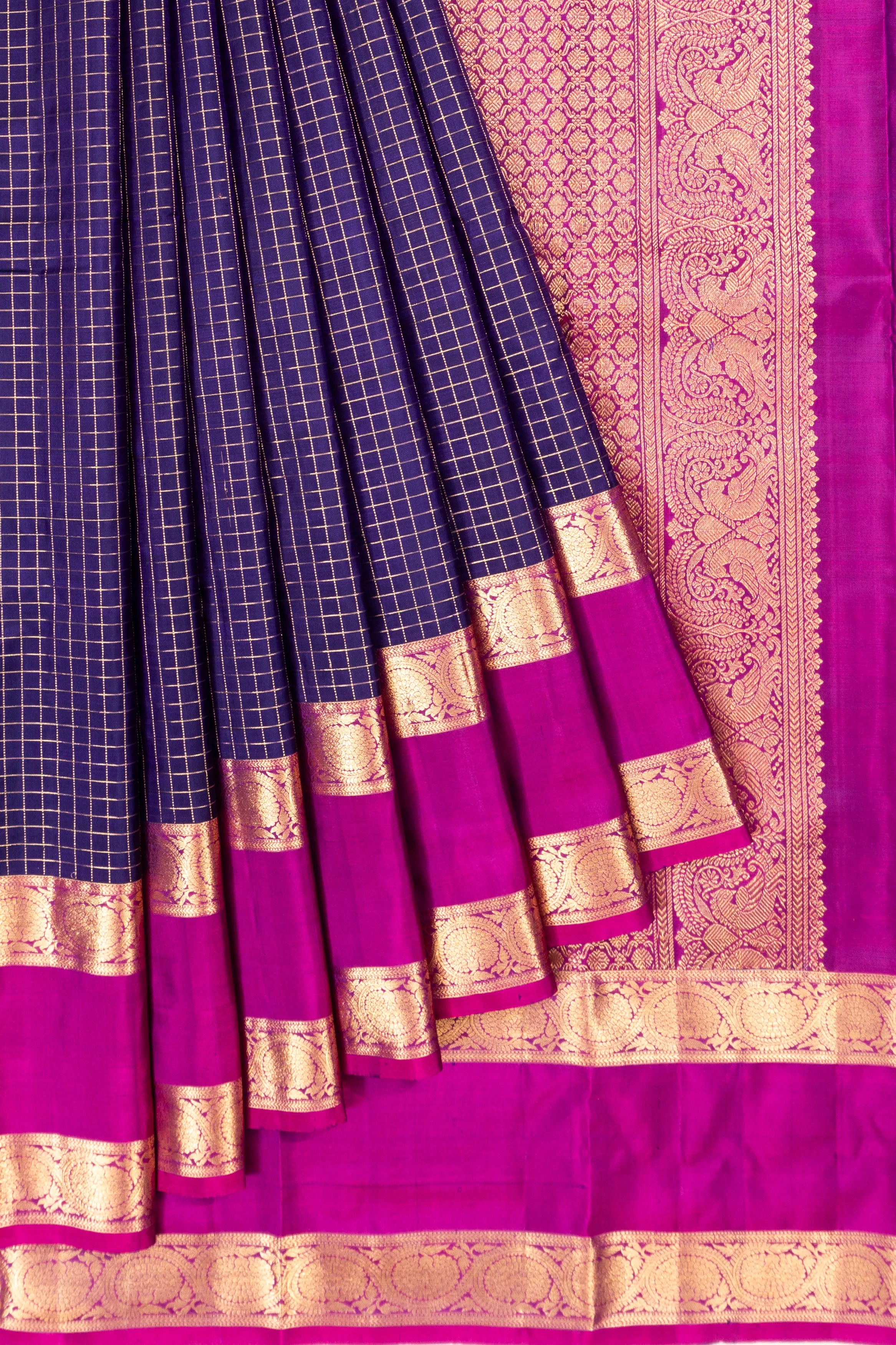 Classic Kanchipuram Silk Checks Dark Blue Saree With Rettai Pettu Border