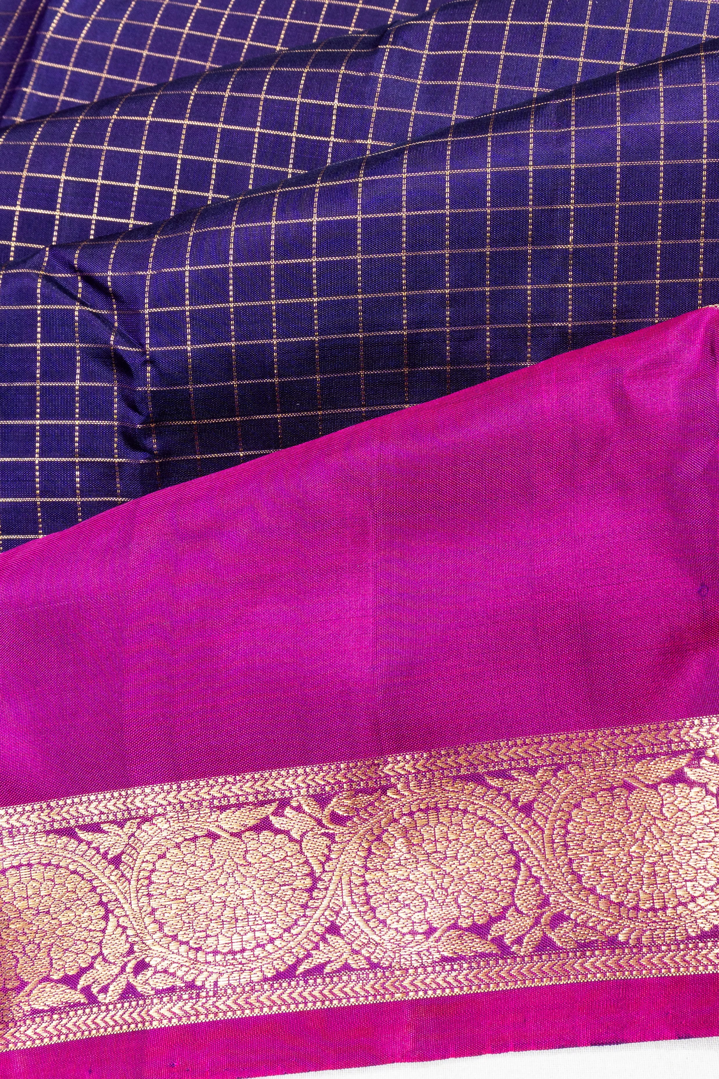 Classic Kanchipuram Silk Checks Dark Blue Saree With Rettai Pettu Border