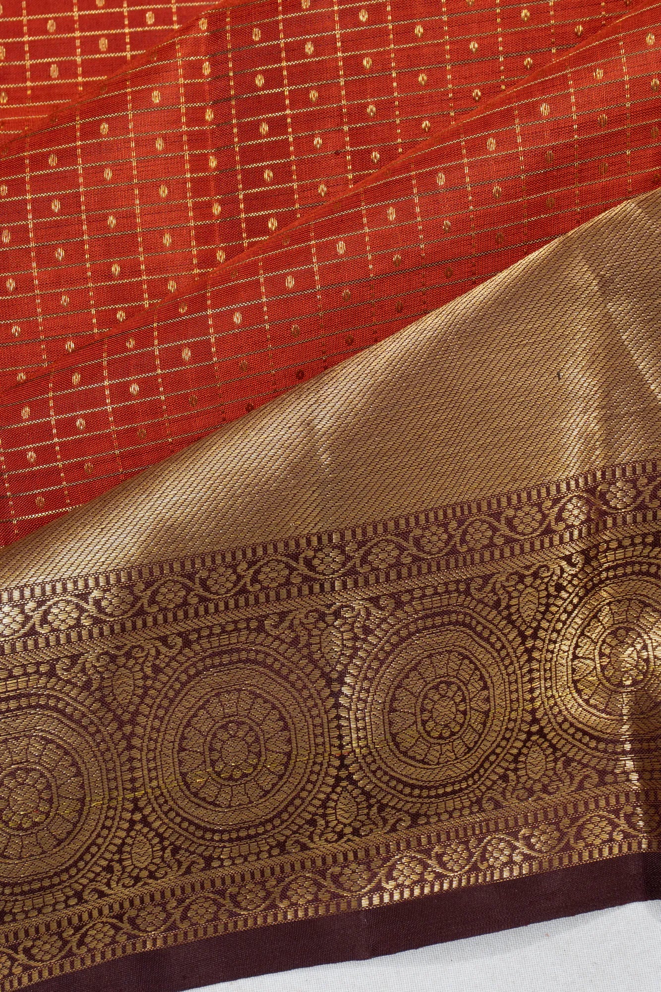 Kanchipuram Silk Checks And Butta Rust Orange Saree
