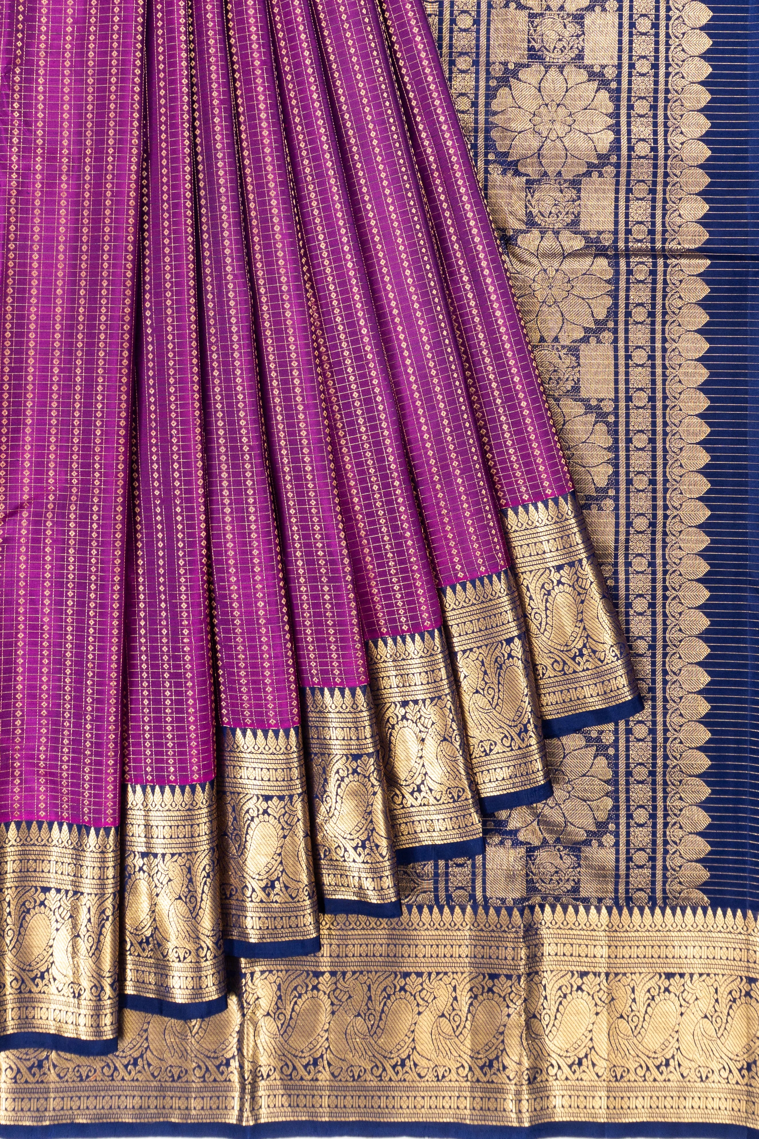 Kanchipuram Silk Checks And Butta Purple Saree