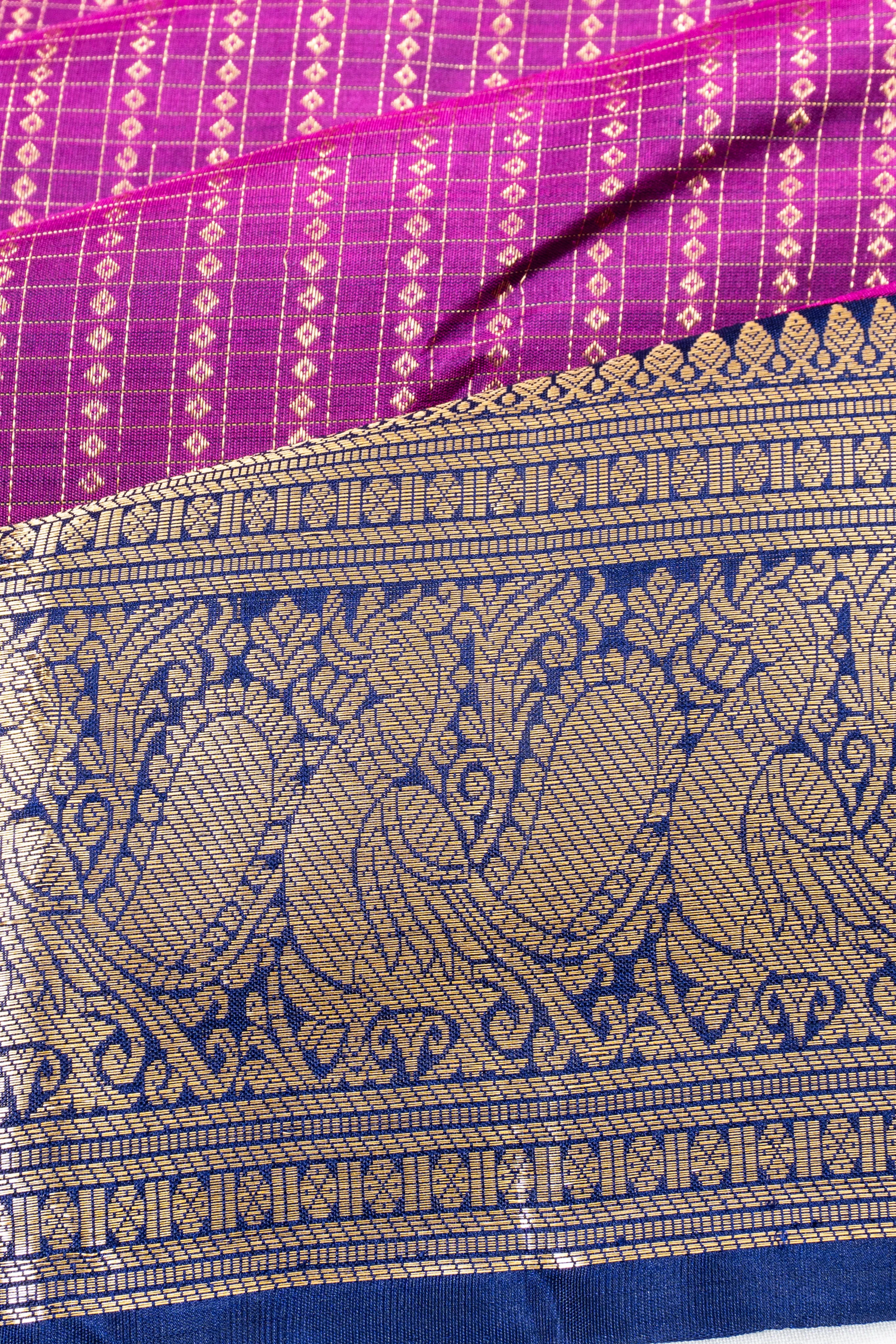 Kanchipuram Silk Checks And Butta Purple Saree