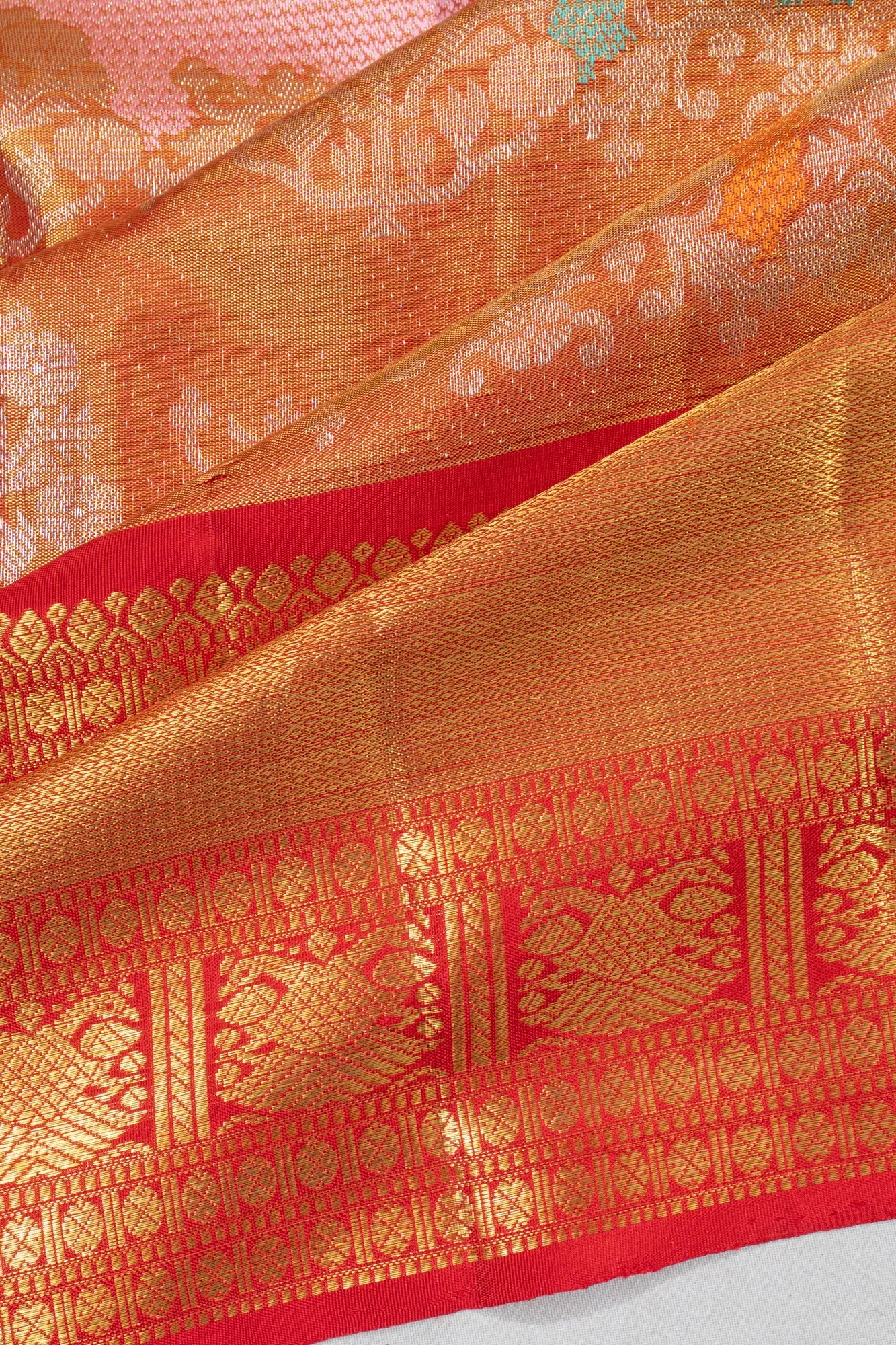 Kanchipuram Silk Tissue Brocade Multicolour Red Saree