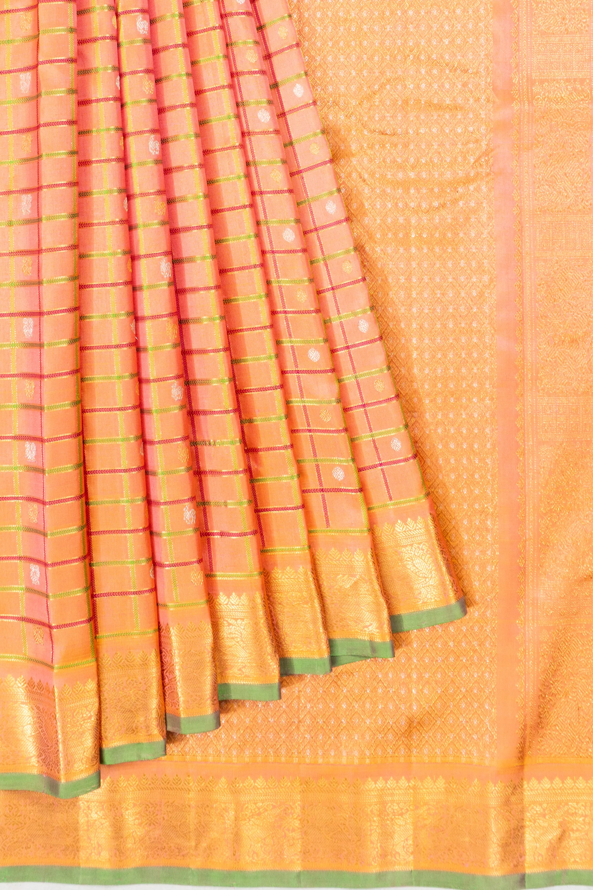 Kanchipuram Silk Checks And Butta Peach Saree