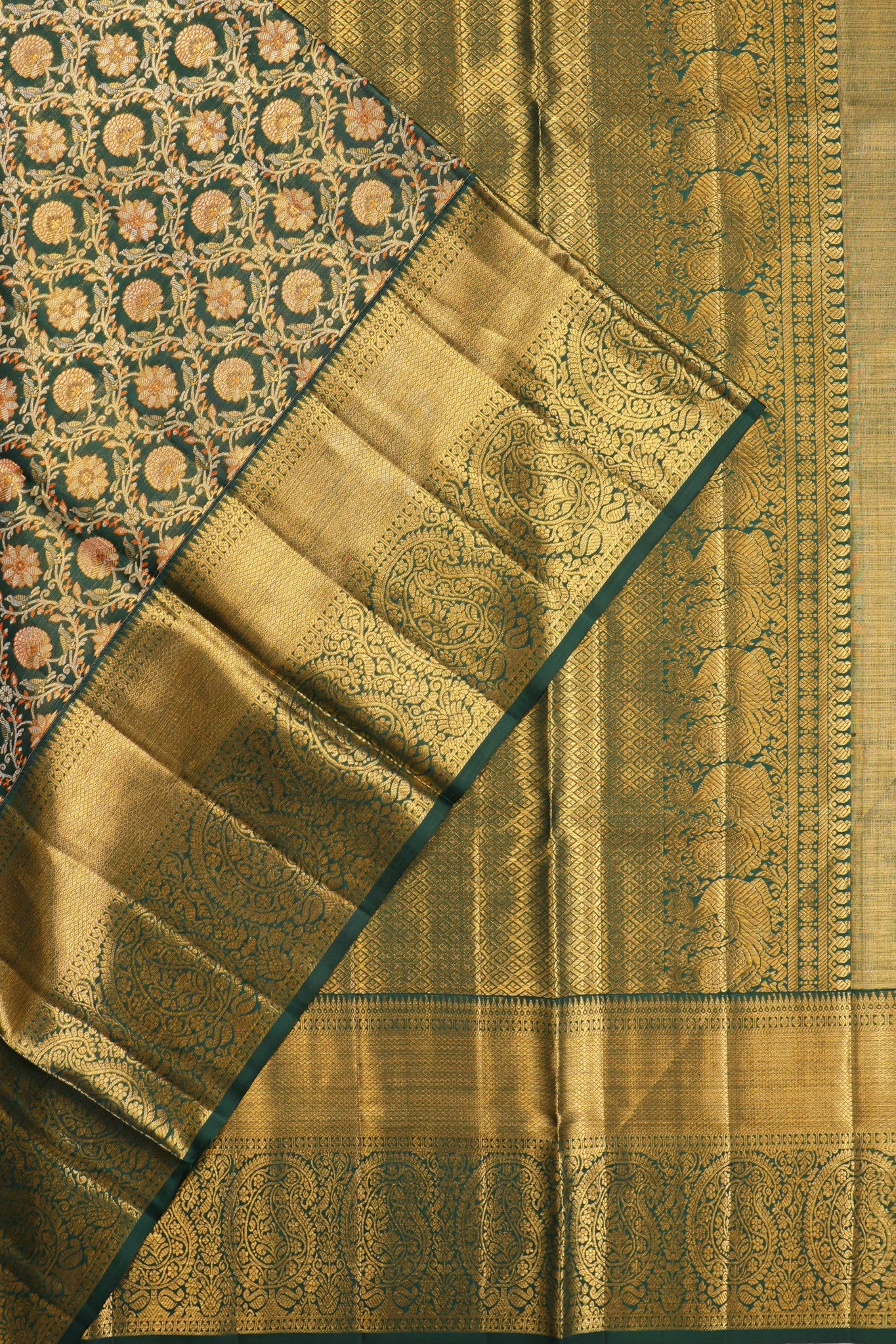 Kanchipuram Silk Tissue Brocade Bottle Green Saree
