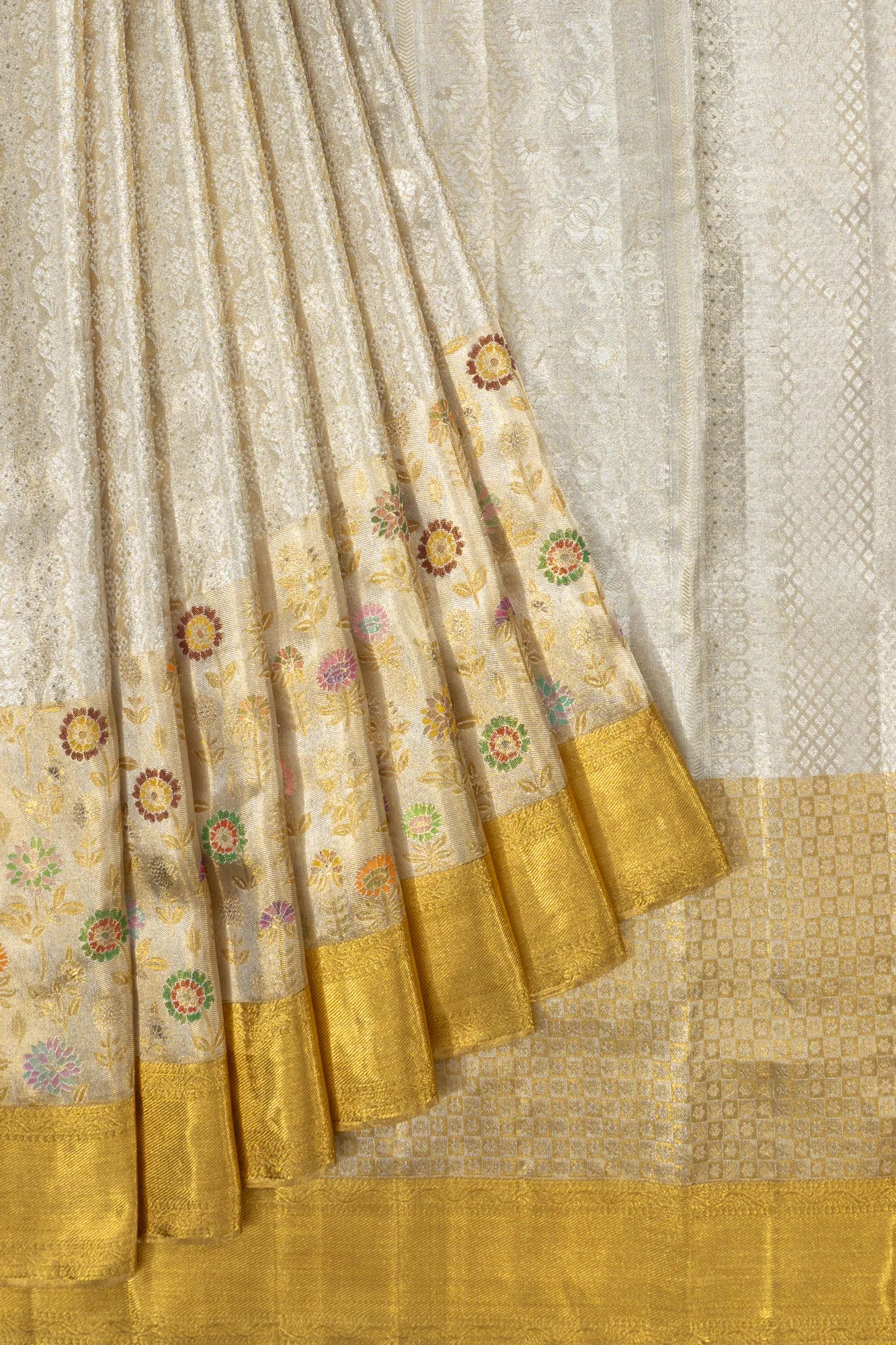 Kanchipuram Silk Tissue Brocade Silver Saree