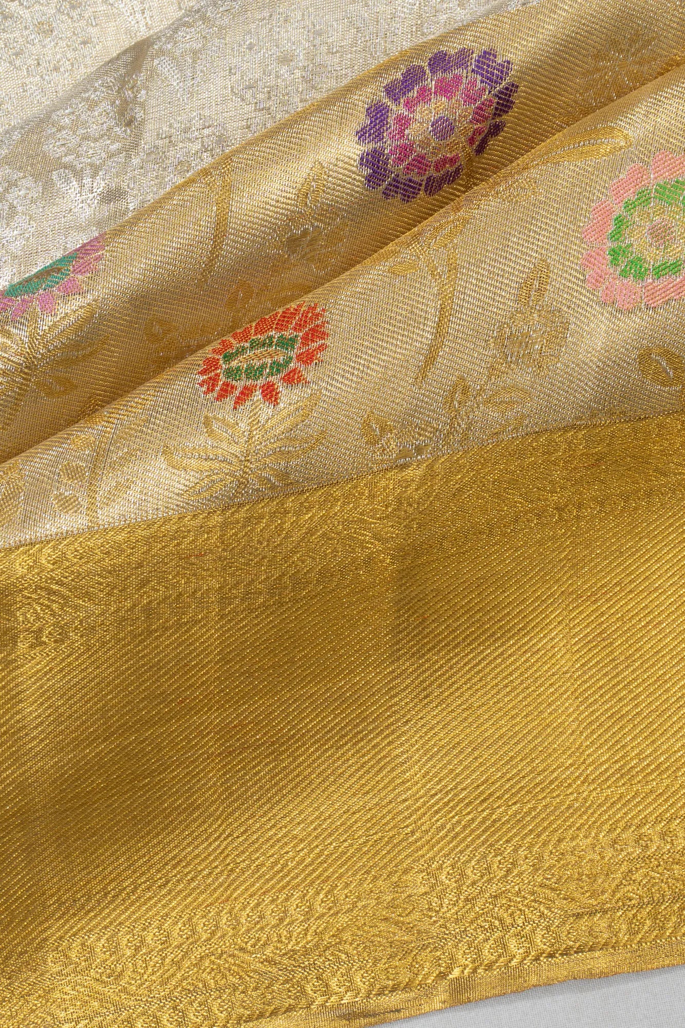 Kanchipuram Silk Tissue Brocade Silver Saree