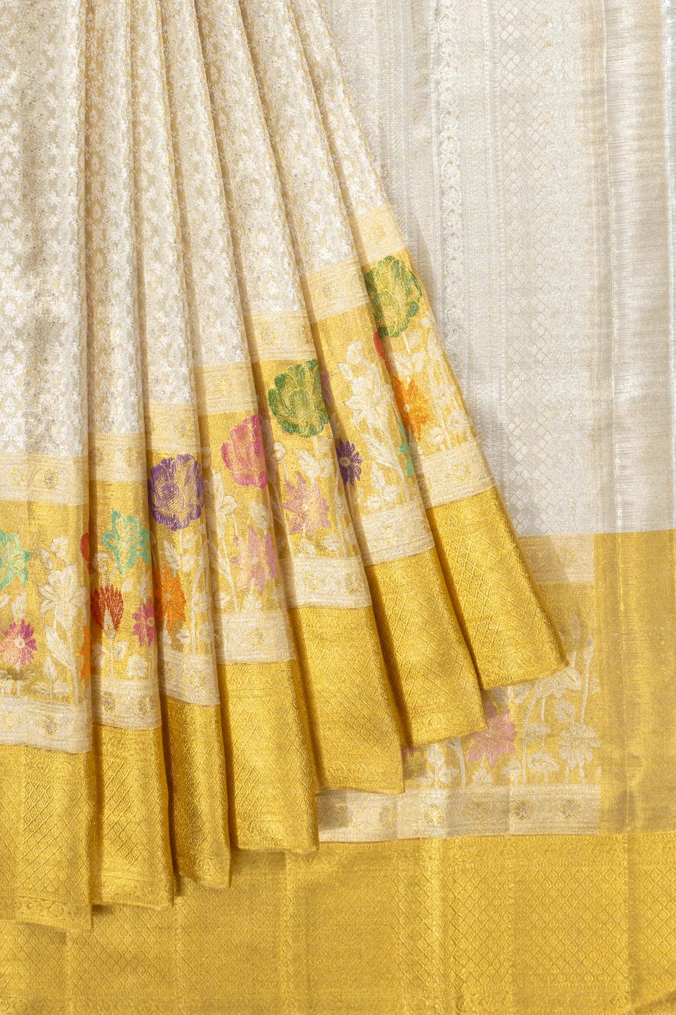 Kanchipuram Silk Tissue Brocade Silver Saree