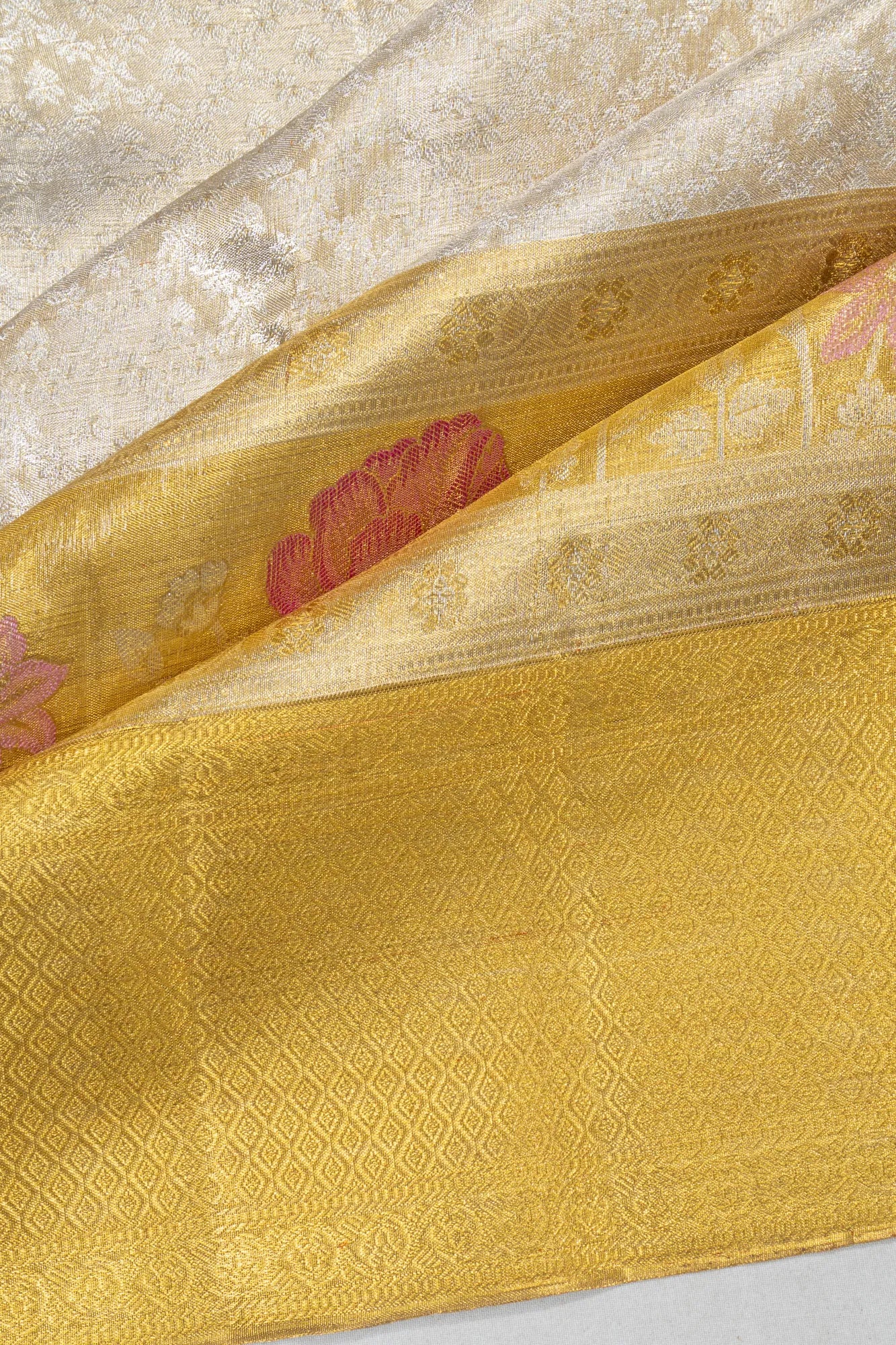 Kanchipuram Silk Tissue Brocade Silver Saree