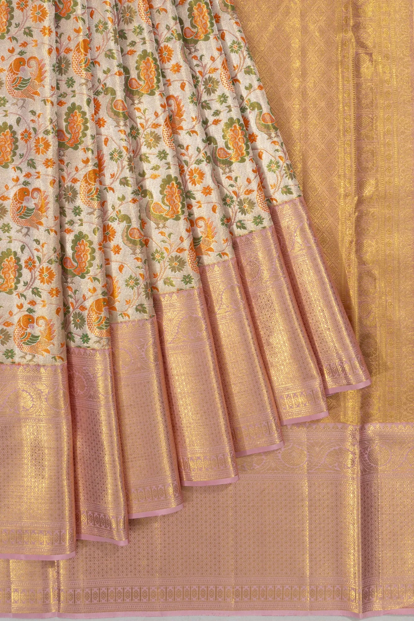 Kanchipuram Silk Tissue Brocade Silver Saree