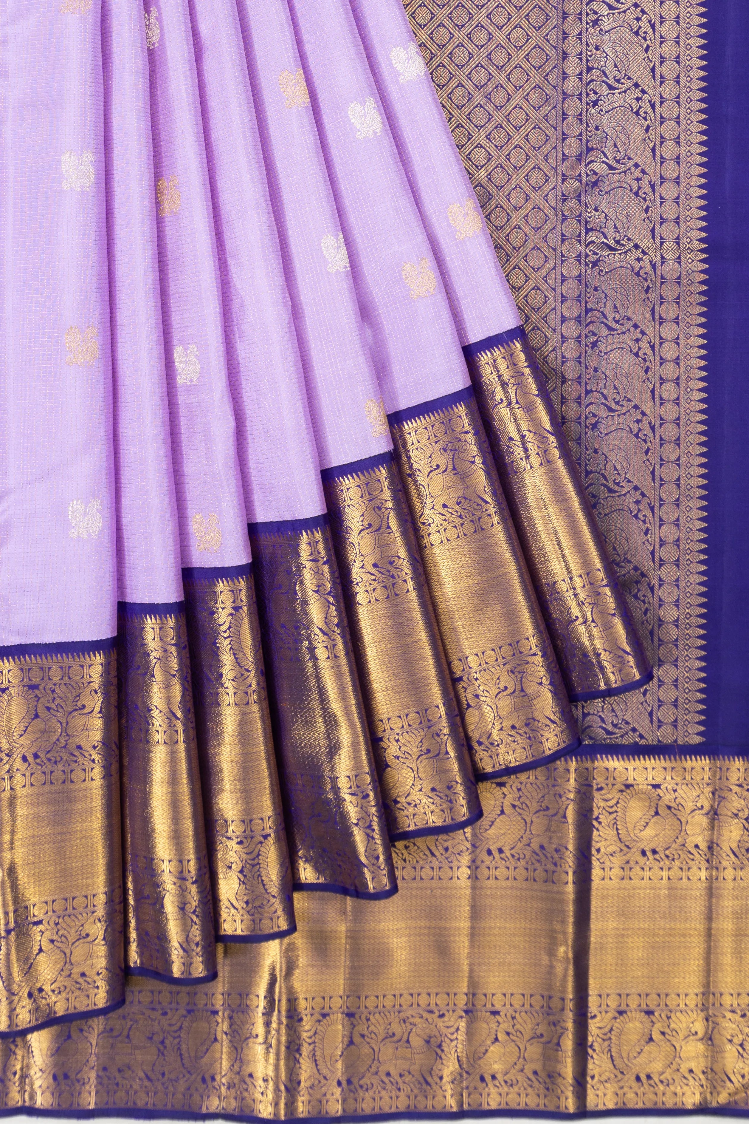 Kanchipuram Silk Checks And Butta Lavender Saree