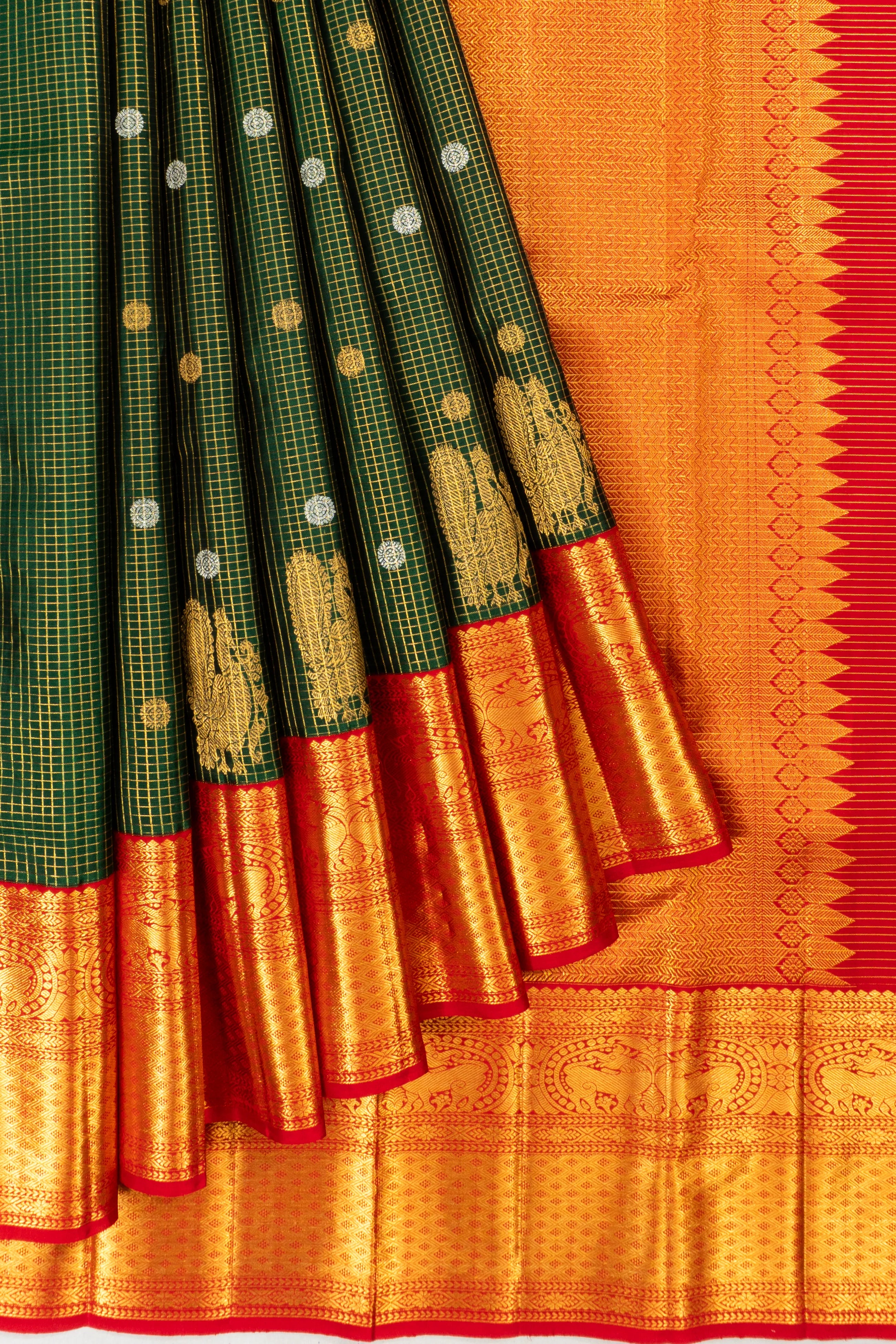Kanchipuram Silk Checks And Butta Dark Green Saree