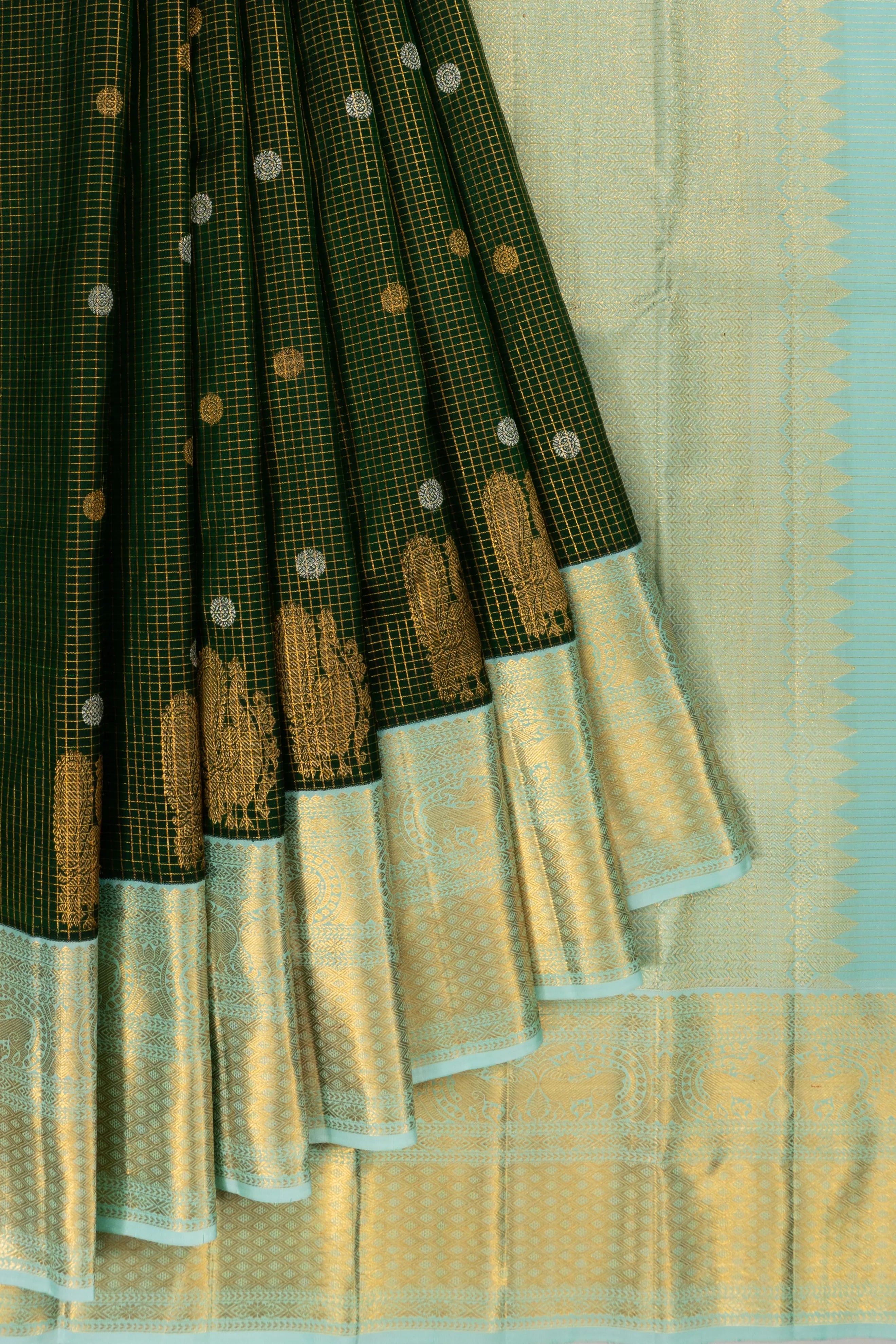 Kanchipuram Silk Checks And Butta Dark Green Saree