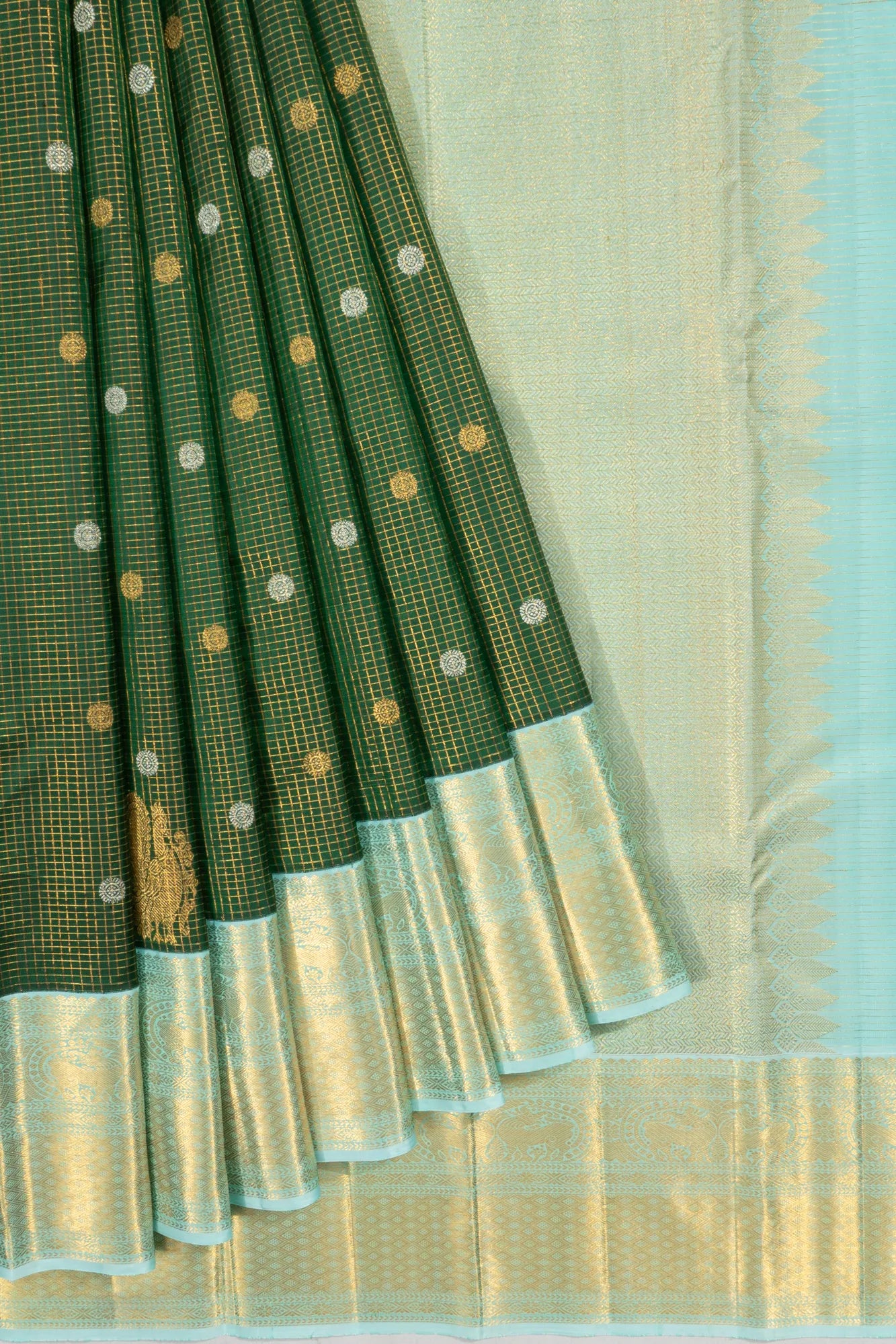 Kanchipuram Silk Checks And Butta Dark Green Saree