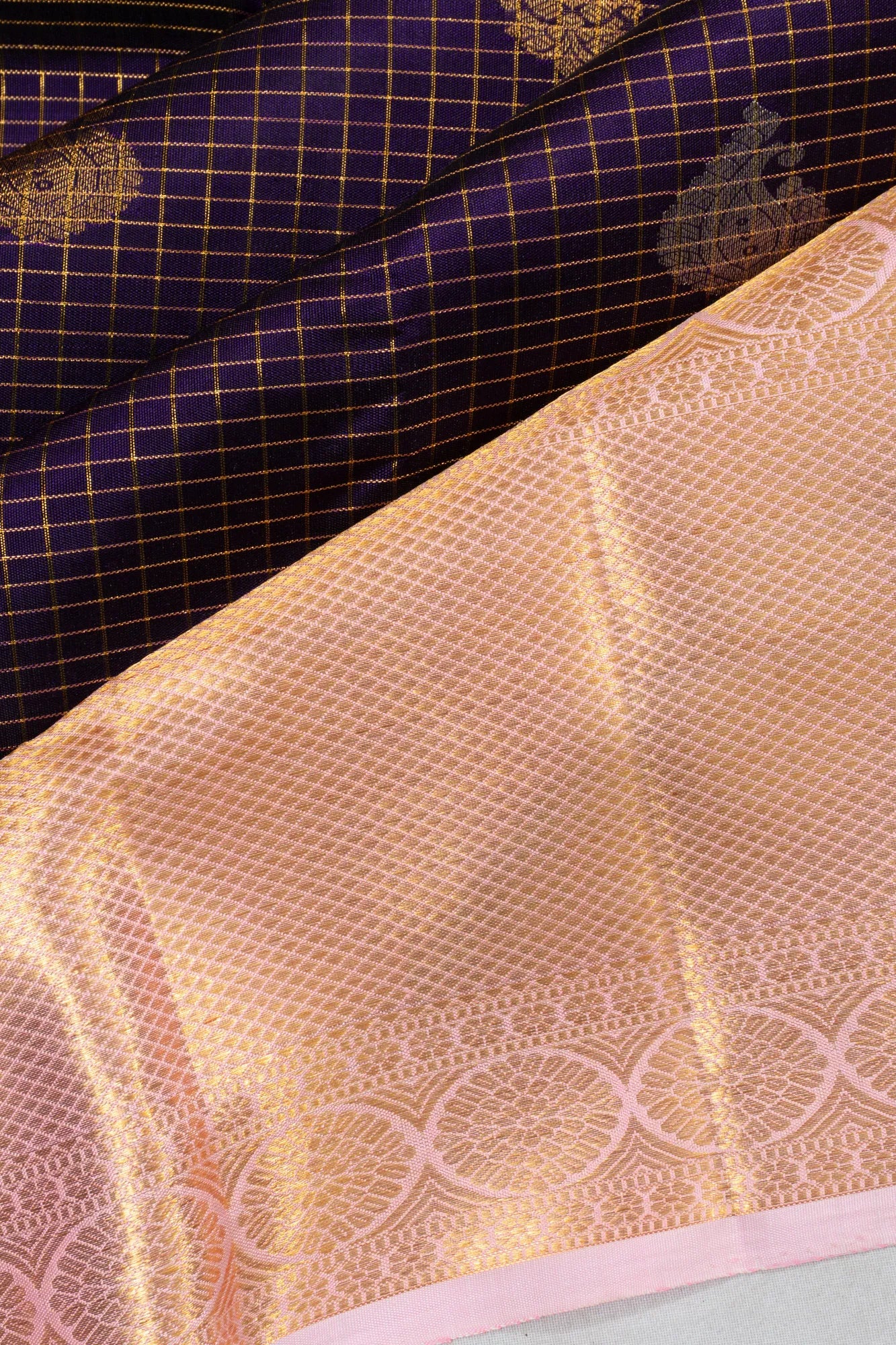 Kanchipuram Silk Checks And Butta Purple Saree