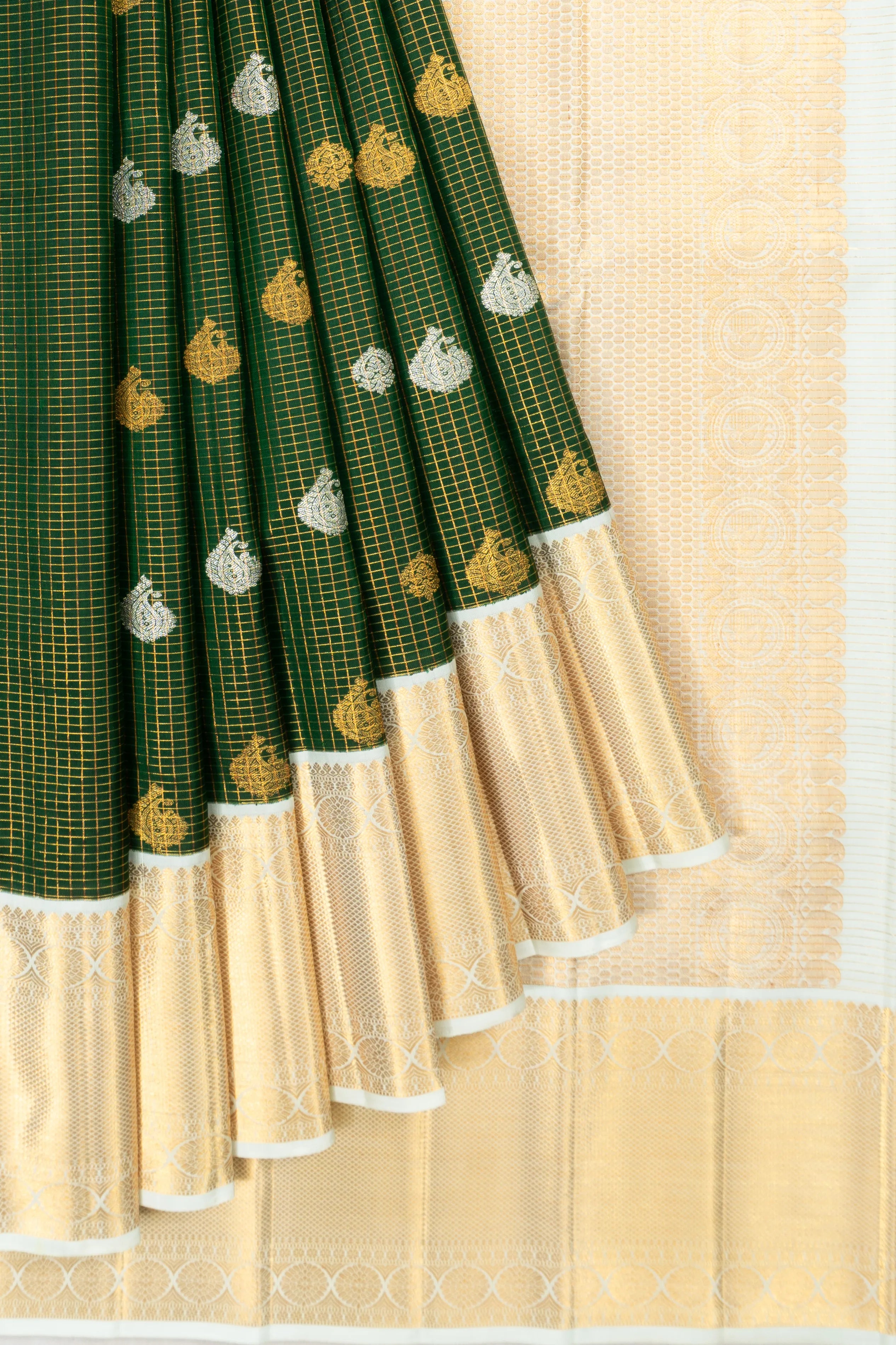 Kanchipuram Silk Checks And Butta Dark Green Saree