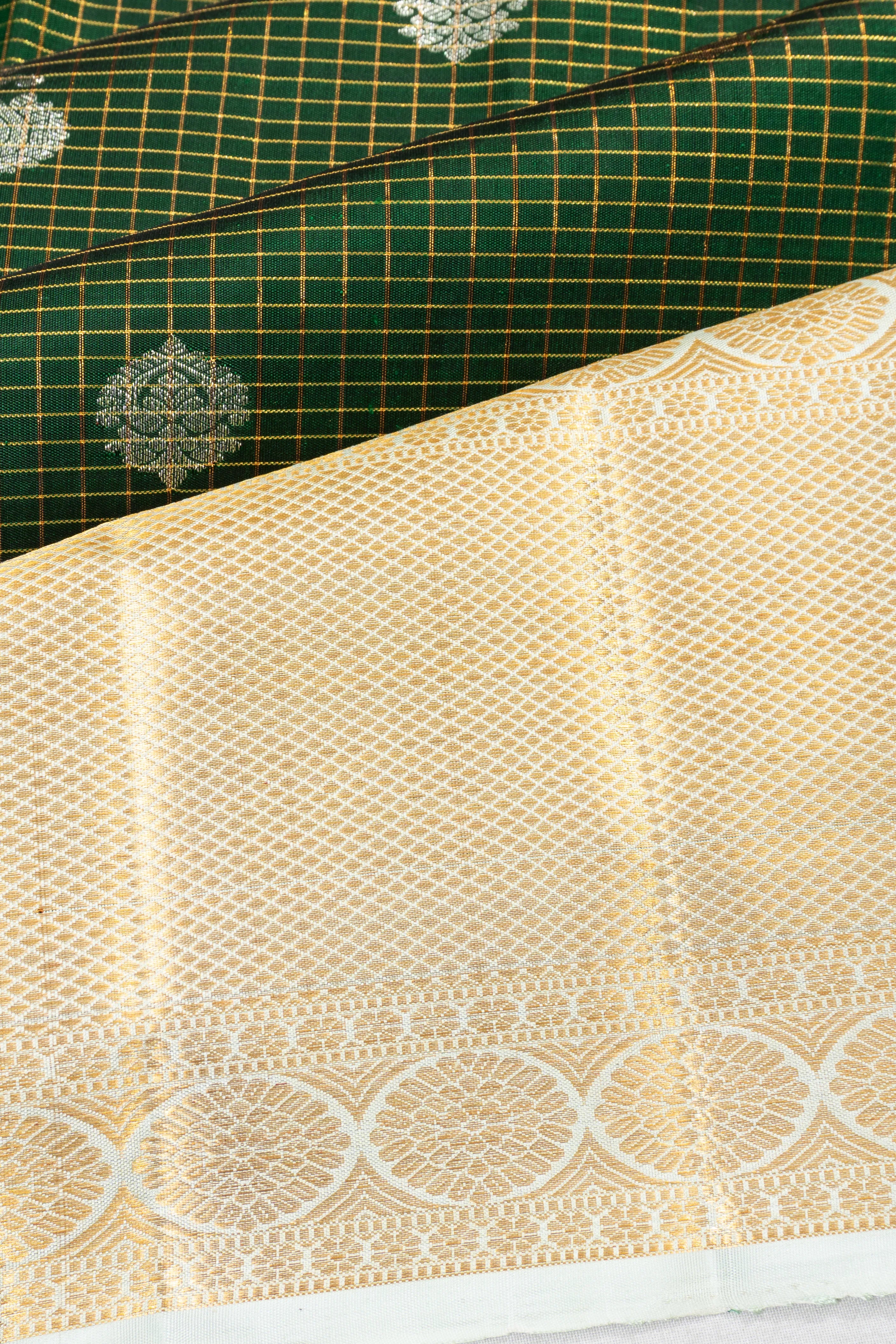 Kanchipuram Silk Checks And Butta Dark Green Saree