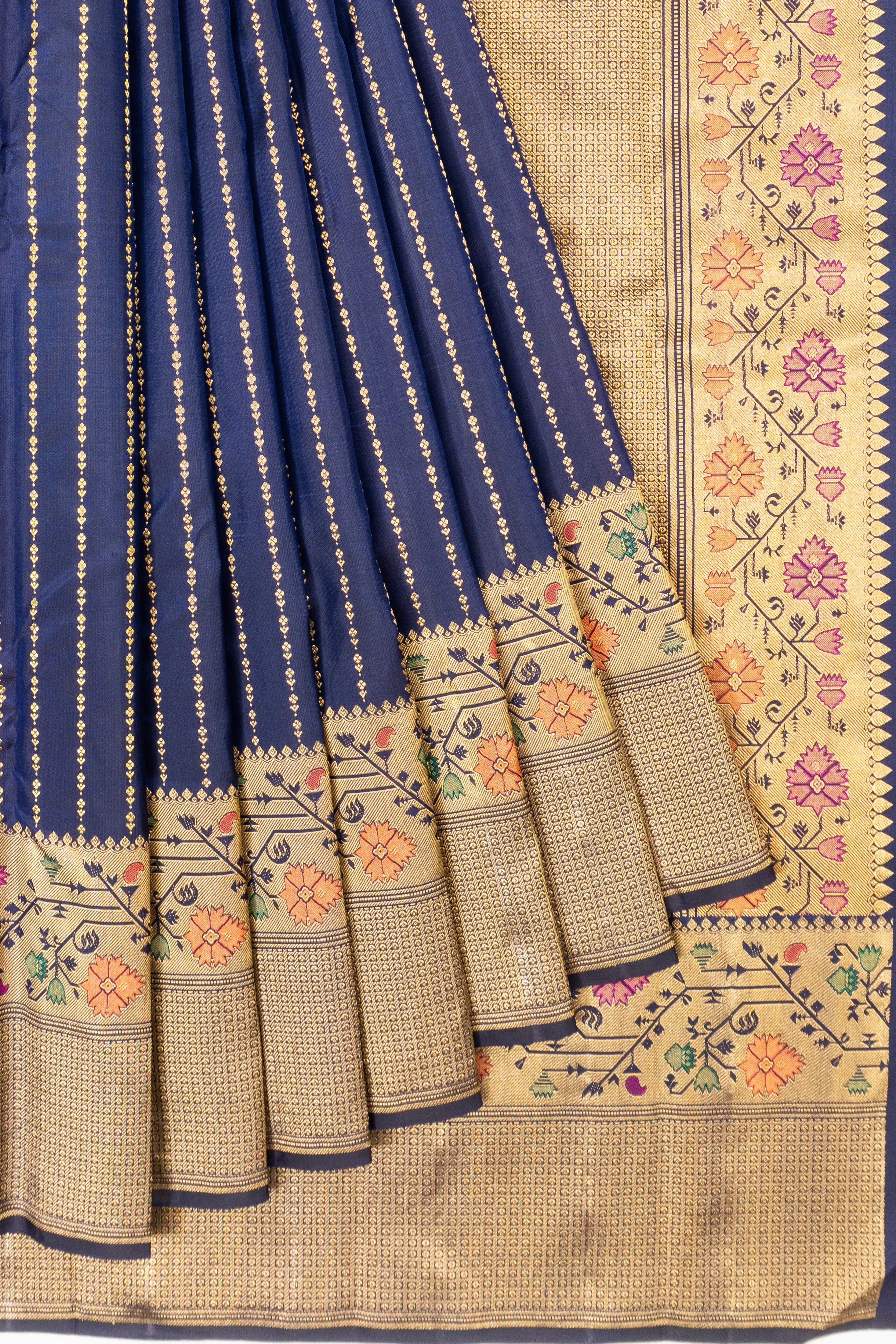 Kanchipuram Silk Vertical Lines Dark Blue Saree
