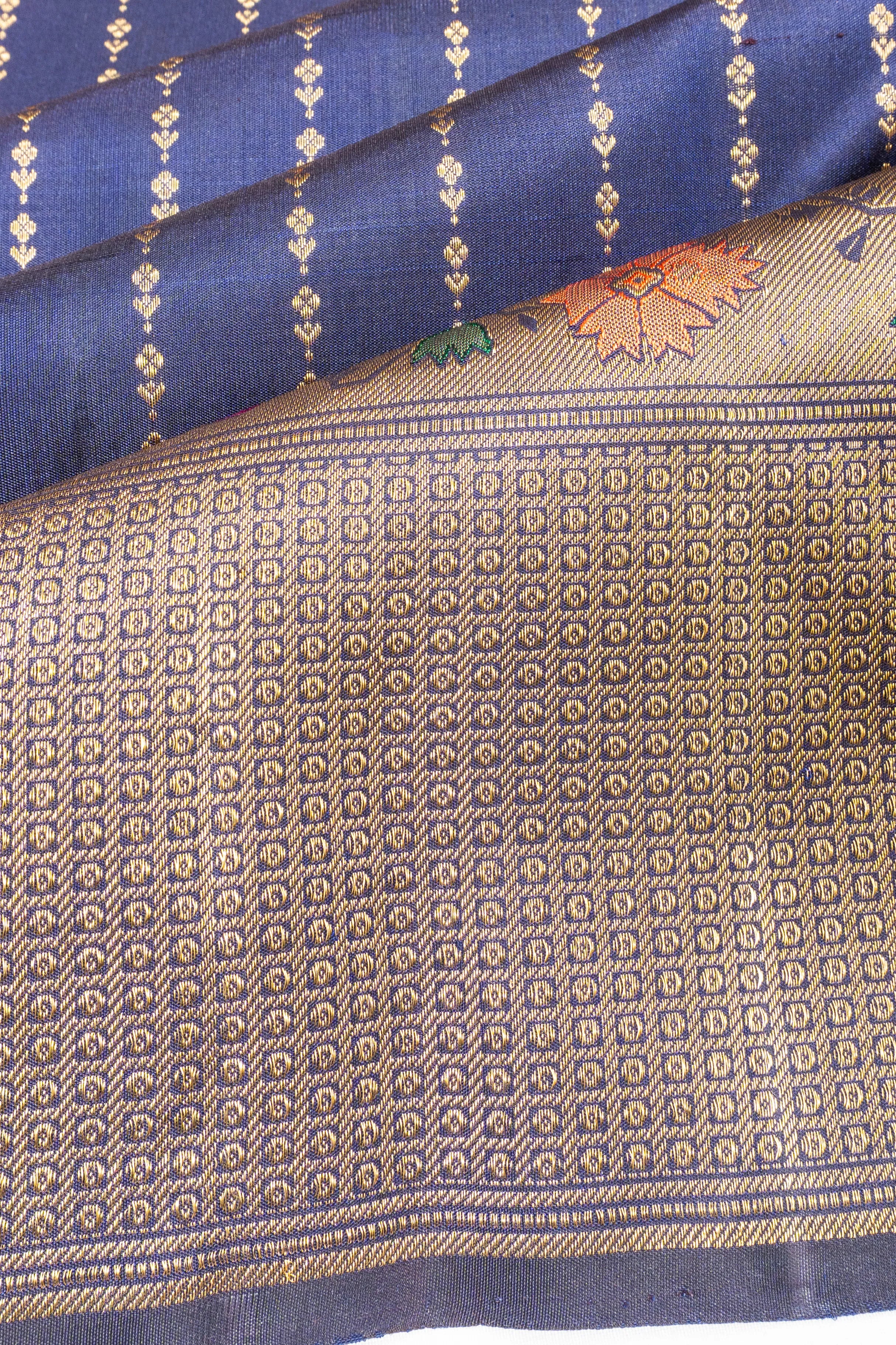 Kanchipuram Silk Vertical Lines Dark Blue Saree