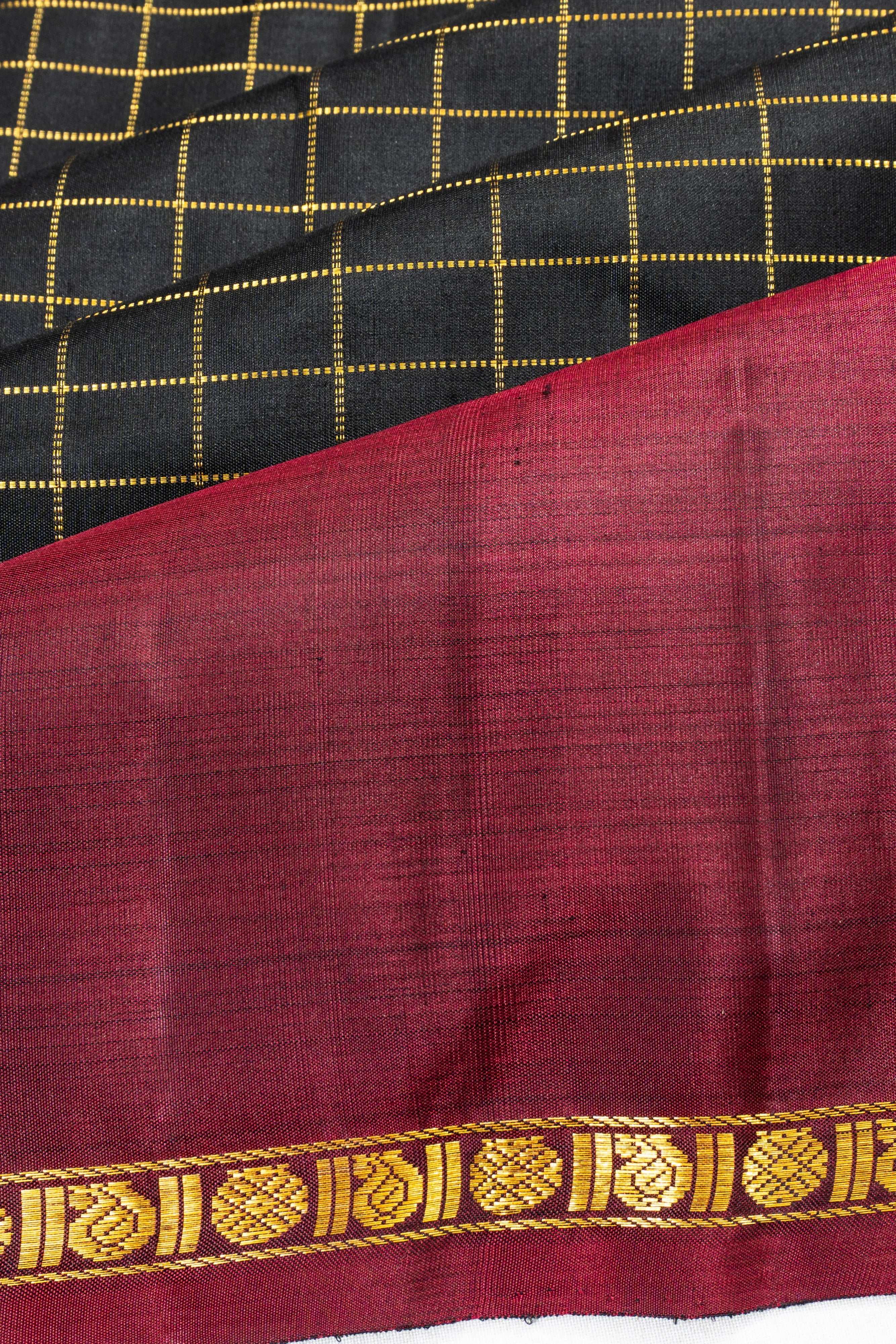 Classic Kanchipuram Silk Checks Black Saree With Rettai Pettu Ganga Jamuna Border