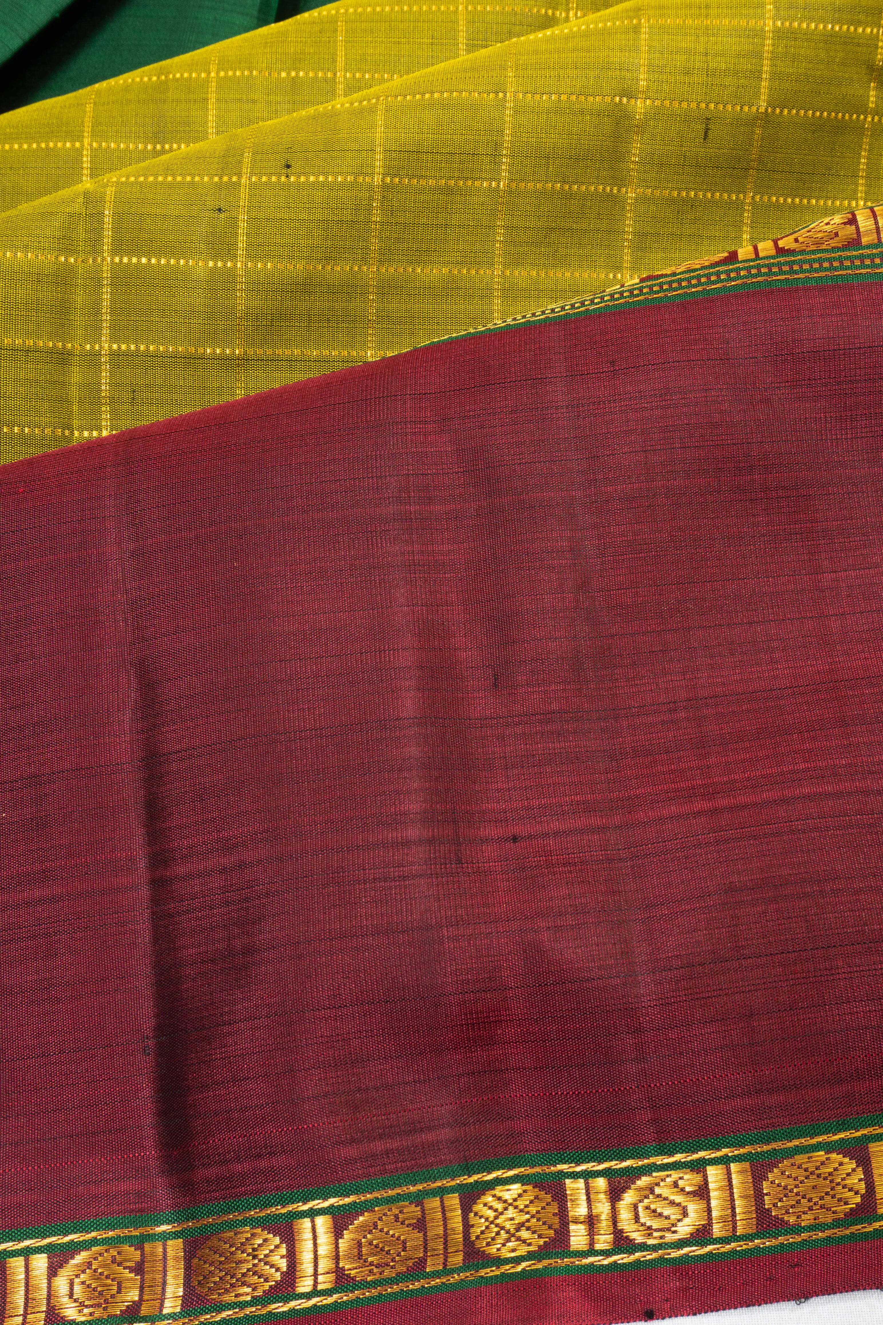 Classic Kanchipuram Silk Checks Parrot Green Saree With Rettai Pettu Ganga Jamuna Border