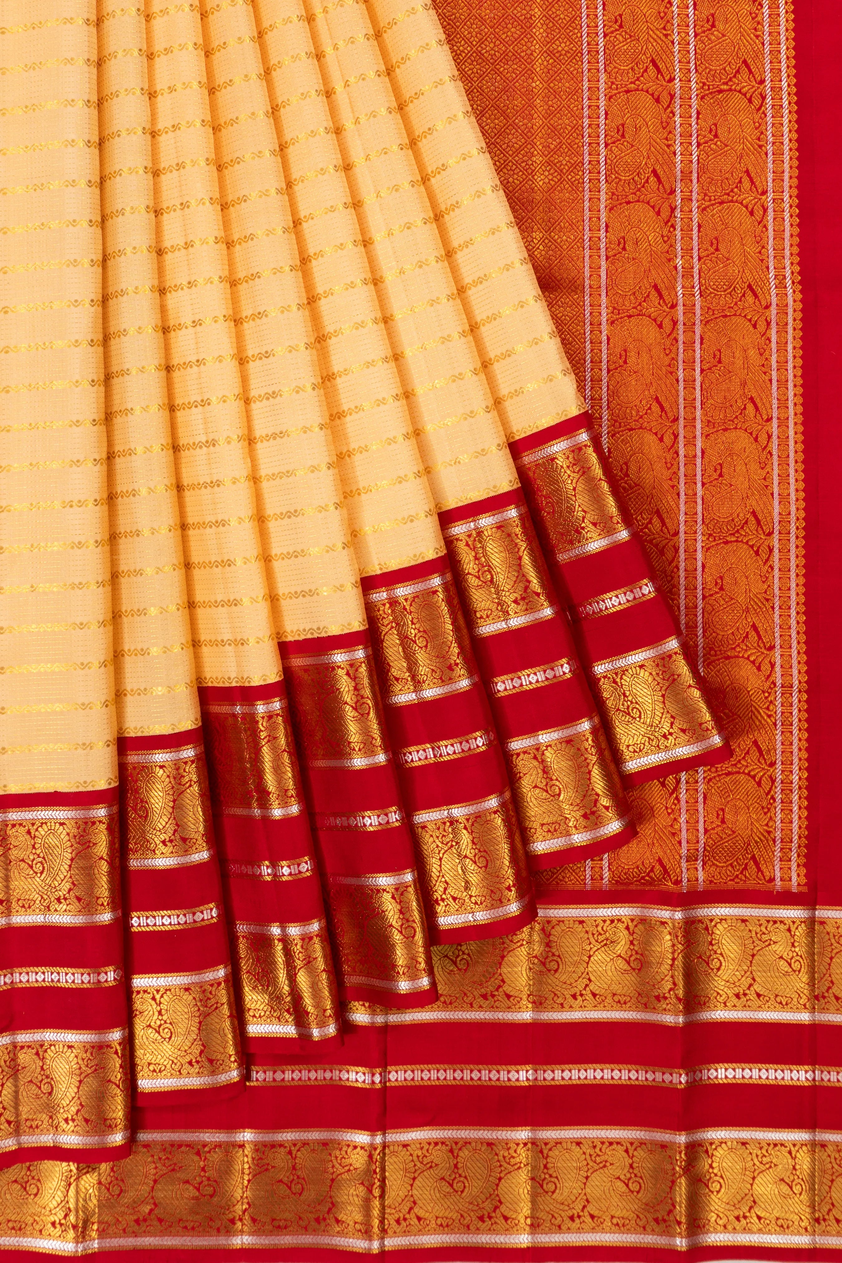 Kanchipuram Silk Horizontal Lines Cream Saree